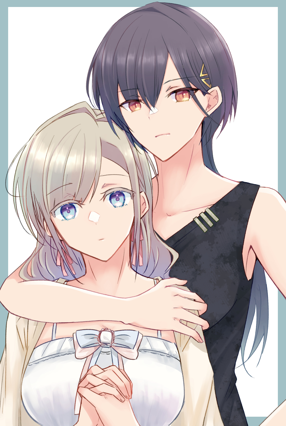 haz, ceras yanagida lilienfeld, ceras yanagida lilienfeld (summer loungewear), katsuragi izumi, katsuragi izumi (summer loungewear), link! like! love live!, love live!, commentary, highres, 2girls, aqua border, arm around neck, black tank top, blue eyes, border, breasts, closed mouth, dress, edel note, expressionless, frilled dress, frills, frown, grey hair, hair ornament, hair ribbon, hand on another's shoulder, hand on own hip, jacket, large breasts, long hair, looking at viewer, multiple girls, official alternate costume, open clothes, open jacket, orange eyes, outside border, pink ribbon, ribbon, simple background, spaghetti strap, tank top, triangle hair ornament, upper body, virtual youtuber, white background, white dress, white jacket, wolf cut