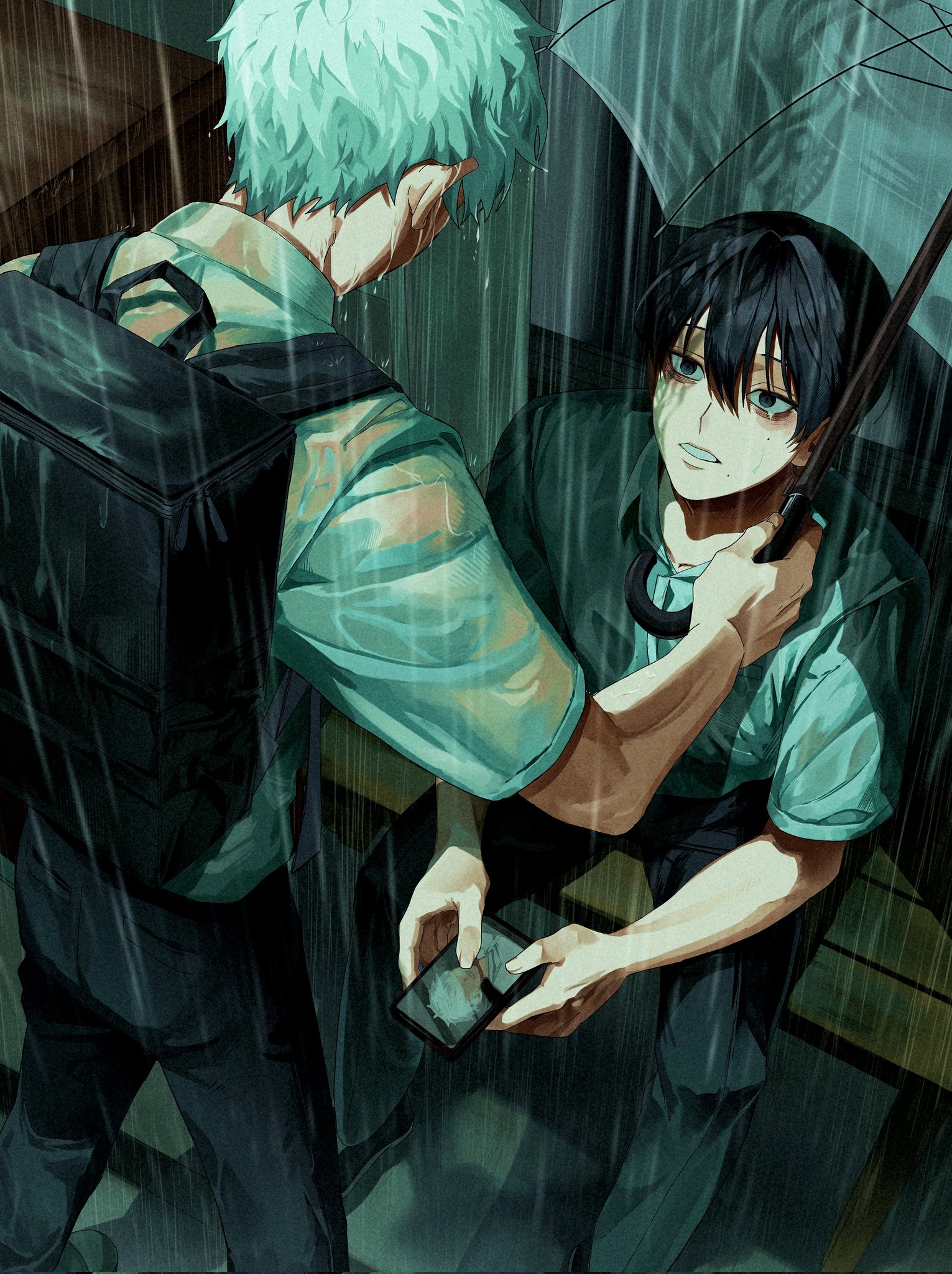 tsujinaka yoshiki, hikaru ga shinda natsu, corrupted twitter file, highres, 2boys, backpack, bag, bags under eyes, black bag, black hair, black pants, cellphone, closed mouth, collared shirt, from above, holding, holding phone, holding umbrella, looking at another, male focus, mole, mole on cheek, mole under mouth, multiple boys, multiple moles, nape, nugu04909882, on bench, pants, phone, rain, shirt, shirt tucked in, short hair, short sleeves, sitting, smartphone, teeth, transparent, transparent umbrella, umbrella, wet, wet clothes, white hair, white shirt