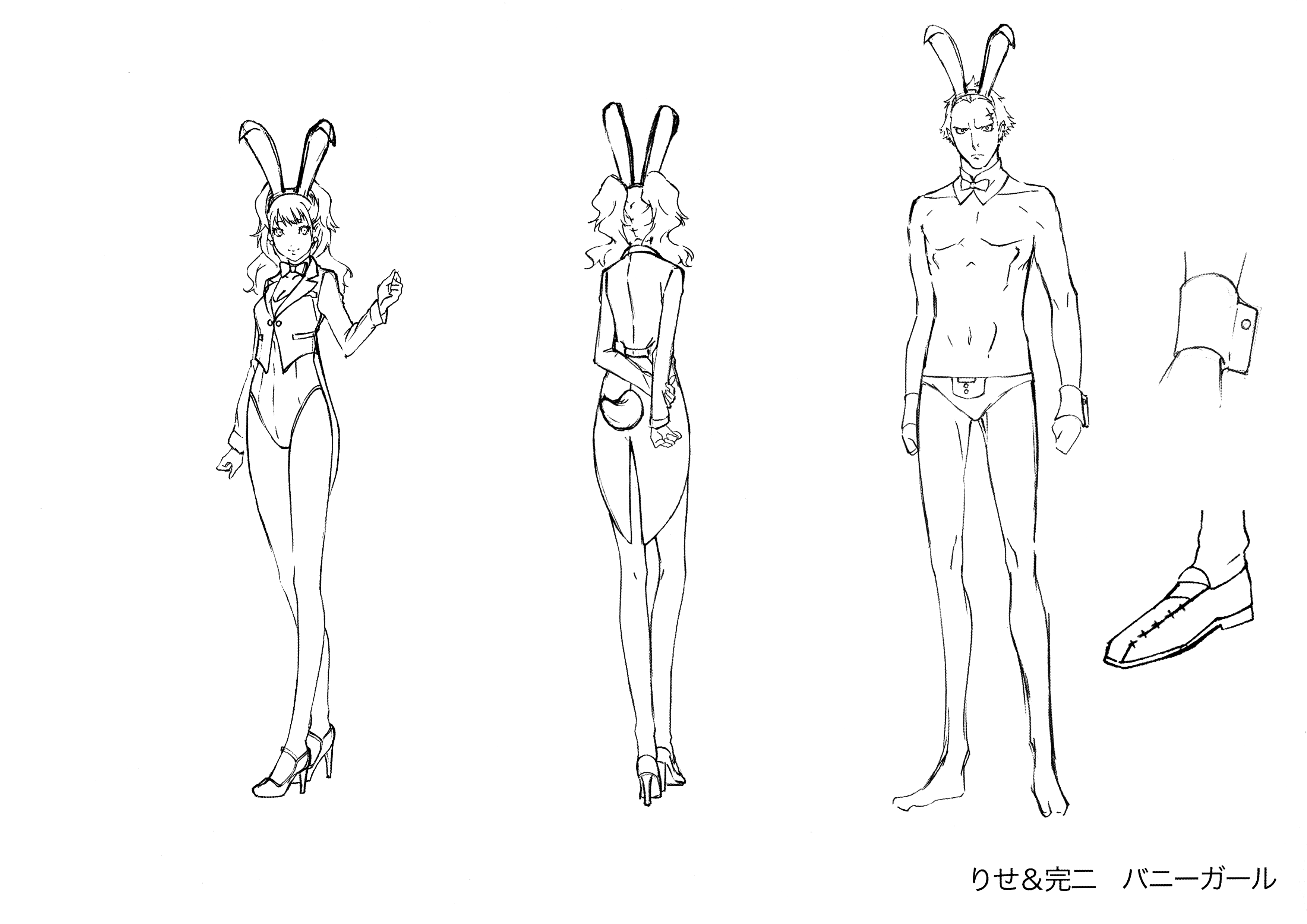 kujikawa rise, persona, persona 4, persona 4 the animation, persona 4 the golden, absurdres, highres, official art, scan, 00s, 1boy, 1girl, animal ears, ass, breasts, earrings, fake animal ears, female focus, full body, highleg, highleg leotard, jewelry, leotard, long hair, looking at viewer, monochrome, multiple views, playboy bunny, reference sheet, simple background, smile, twintails, white background, wide hips