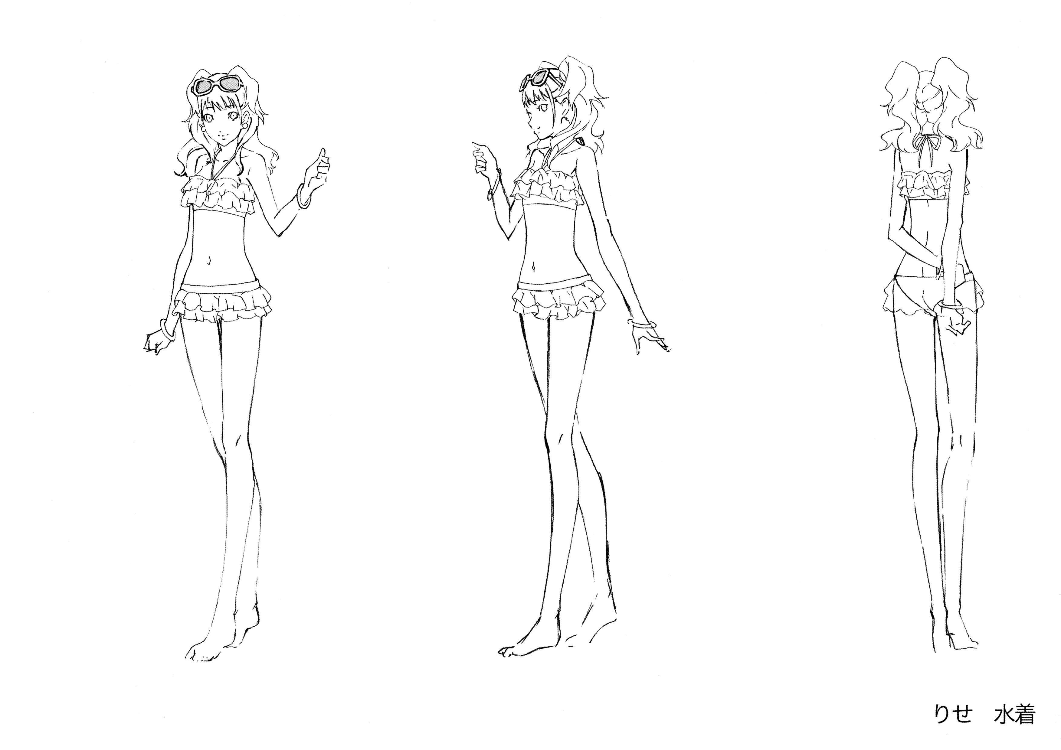 kujikawa rise, persona, persona 4, persona 4 the animation, persona 4 the golden, absurdres, highres, official art, scan, 00s, 1girl, ass, bikini, bikini skirt, breasts, earrings, female focus, full body, jewelry, long hair, looking at viewer, monochrome, multiple views, reference sheet, simple background, smile, solo, sunglasses on head, twintails, white background, wide hips