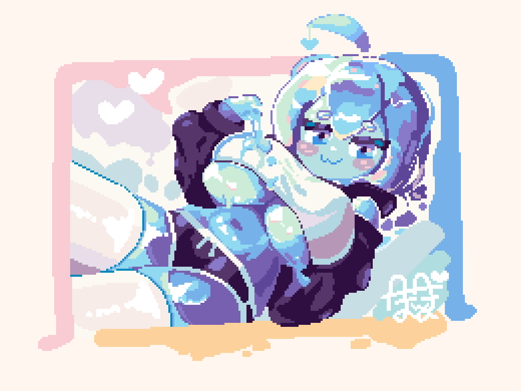 original, 1girl, :3, ahoge, black shorts, blue eyes, blush stickers, borrowed character, breasts, crop top, heart, hikimayu, large breasts, micro shorts, midriff, monster girl, pixel art, poppo (x poppo x), reclining, shorts, slime girl, solo, thighhighs, underboob, white thighhighs