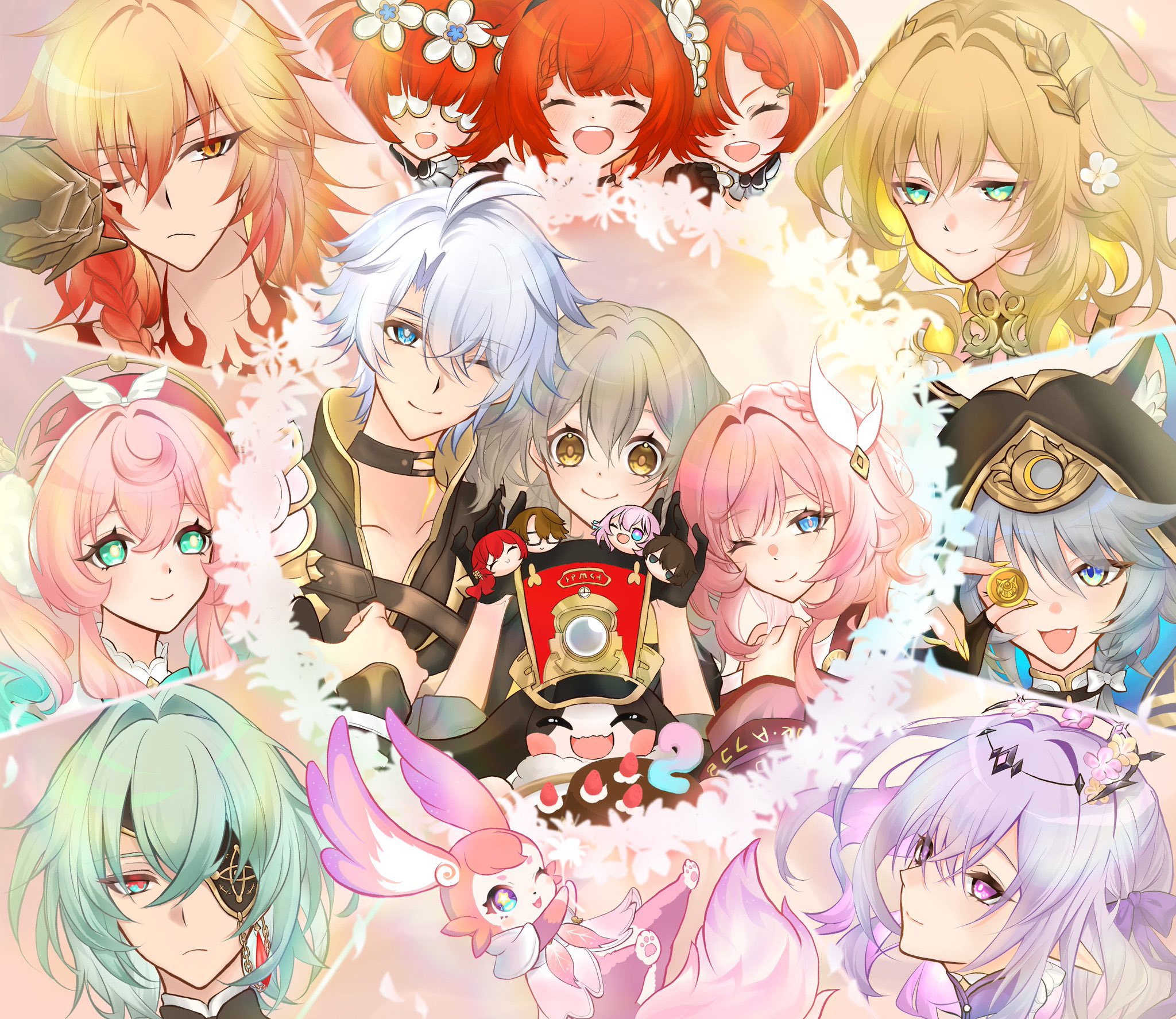 happal9v6l, aglaea (honkai: star rail), anaxa (honkai: star rail), castorice (honkai: star rail), cipher (honkai: star rail), cyrene (honkai: star rail), hyacine (honkai: star rail), mem (honkai: star rail), mydei (honkai: star rail), phainon (honkai: star rail), pom-pom (honkai: star rail), stelle (honkai: star rail), trailblazer (honkai: star rail), trianne (honkai: star rail), tribbie (honkai: star rail), trinnon (honkai: star rail), honkai: star rail, honkai (series), commentary request, highres, 3boys, 6+girls, animal ear fluff, animal ears, aqua eyes, aqua hair, black tiara, blonde hair, blue eyes, cat ears, cat girl, chrysos heirs (honkai: star rail), coin, eyepatch, flower, gold coin, green eyes, green hair, grey hair, hair flower, hair ornament, hat, head wreath, holding, holding coin, medium hair, multicolored hair, multiple boys, multiple girls, pink hair, purple eyes, purple hair, red hair, red hat, short hair, smile, tiara, twintails, two-tone hair, white hair, yellow eyes