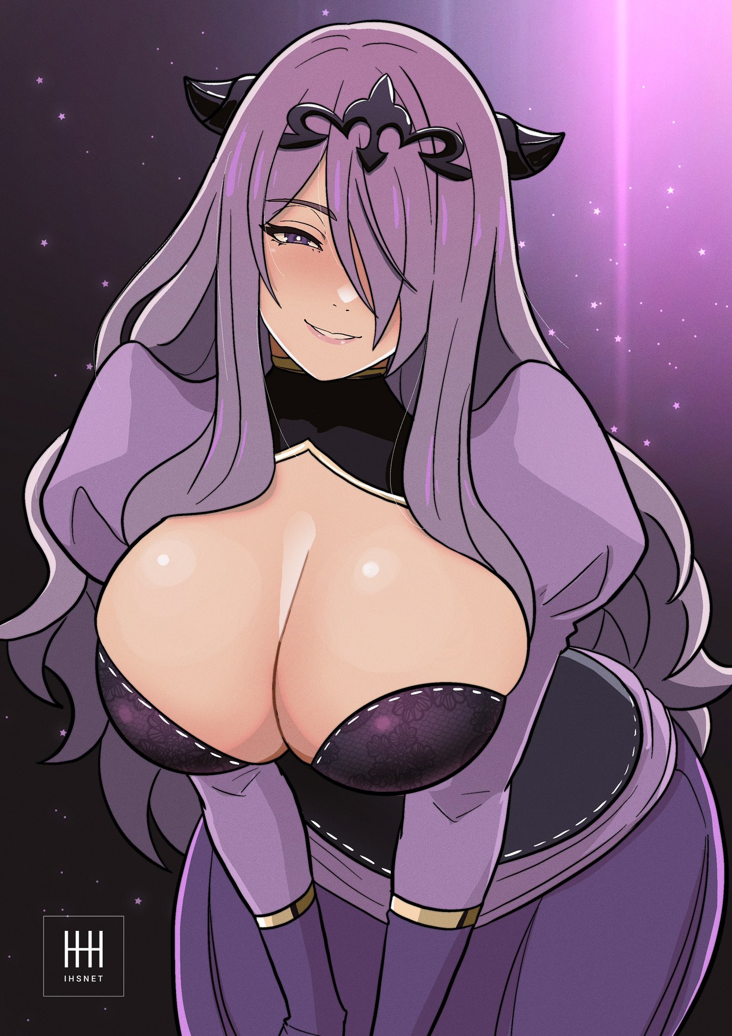 ihsnet, camilla (fire emblem), fire emblem, fire emblem fates, nintendo, highres, 1girl, alternate costume, blush, breasts, cleavage, cleavage cutout, clothing cutout, dress, hair ornament, hair over one eye, large breasts, leaning forward, long hair, long sleeves, looking at viewer, parted lips, purple dress, purple eyes, purple hair, smile, solo, teeth, tiara, very long hair, wavy hair