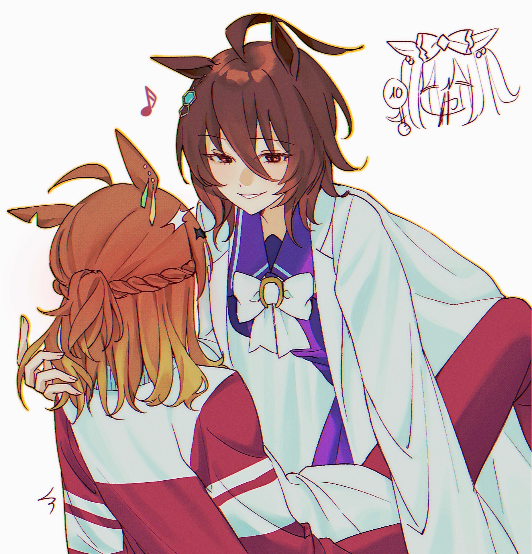 xom0meku, agnes tachyon (umamusume), jungle pocket (umamusume), umamusume, character request, commentary, english commentary, highres, 3girls, animal ears, bow, bowtie, braid, brown hair, coat, eighth note, half up braid, hand in another's hair, horse ears, horse girl, jacket, lab coat, long hair, long sleeves, medium hair, multiple girls, musical note, orange hair, pants, parted lips, purple shirt, red eyes, red jacket, red pants, shirt, simple background, smile, white background, white bow, white bowtie, white coat, yuri