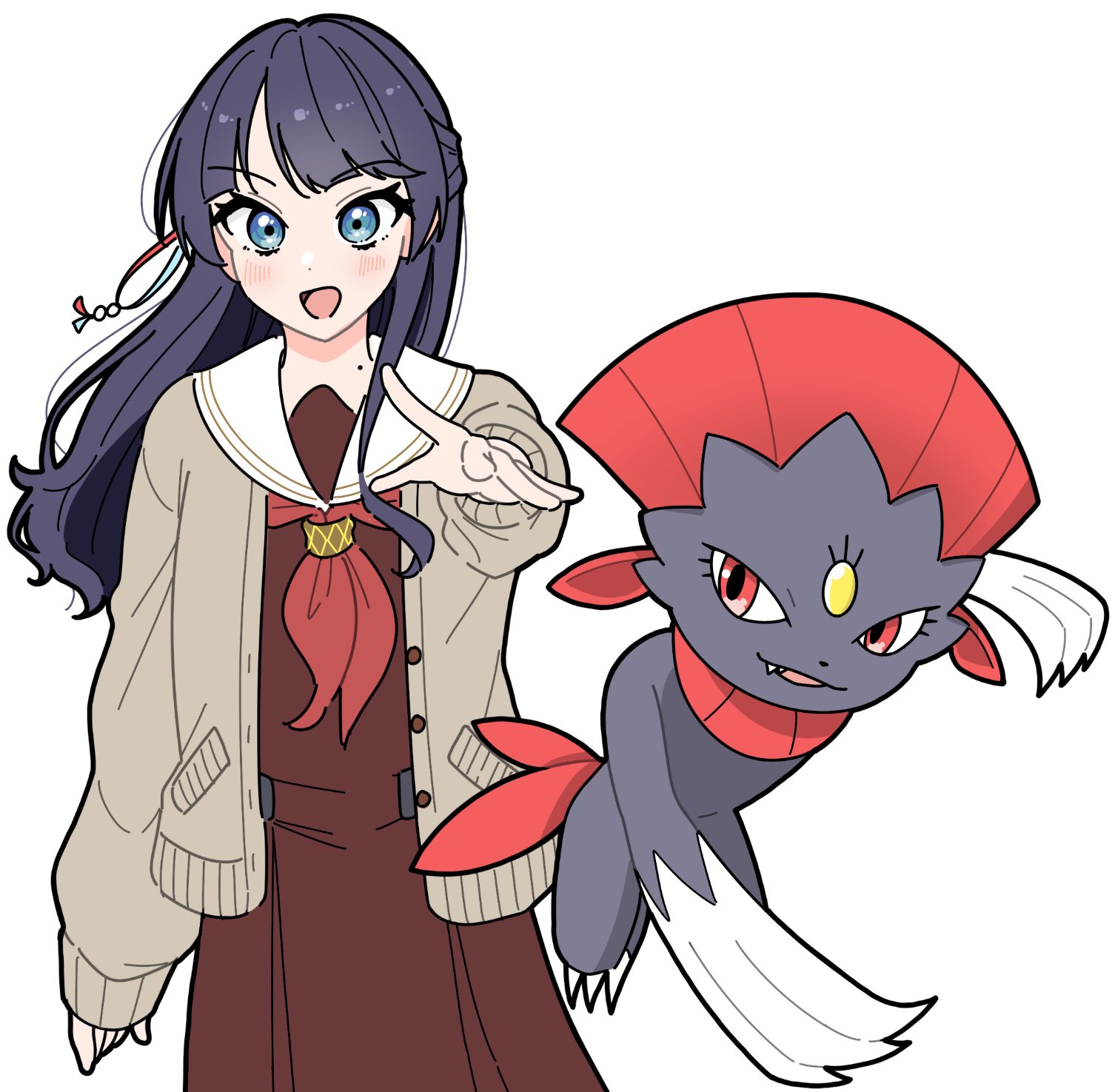 llkapital, murano sayaka, weavile, link! like! love live!, love live!, nintendo, pokemon, commentary request, highres, 1girl, :d, black hair, blue eyes, brown cardigan, cardigan, crossover, dress, fang, gen 4 pokemon, half updo, hasu no sora school uniform, long hair, mole, mole on neck, neckerchief, open cardigan, open clothes, open hand, open mouth, outstretched arm, pleated dress, pokemon (creature), red eyes, red neckerchief, sailor collar, sailor dress, school uniform, simple background, smile, standing, virtual youtuber, white background, white sailor collar, winter uniform