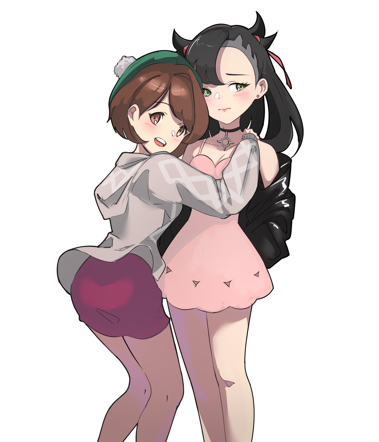 mikuchi sunkuo, gloria (pokemon), marnie (pokemon), nintendo, pokemon, pokemon swsh, highres, 2girls, :d, arms behind back, ass, asymmetrical bangs, averting eyes, bare legs, black choker, black hair, black jacket, blush, bob cut, breasts, brown eyes, brown hair, cardigan, choker, cleavage, closed mouth, dress, earrings, feet out of frame, from behind, green hat, grey cardigan, hair ribbon, hand on another's shoulder, hat, jacket, jewelry, long hair, looking back, multiple girls, off shoulder, open mouth, pink dress, red dress, red ribbon, ribbon, short dress, short hair, simple background, small breasts, smile, standing, stud earrings, tam o' shanter, twintails, undercut, white background