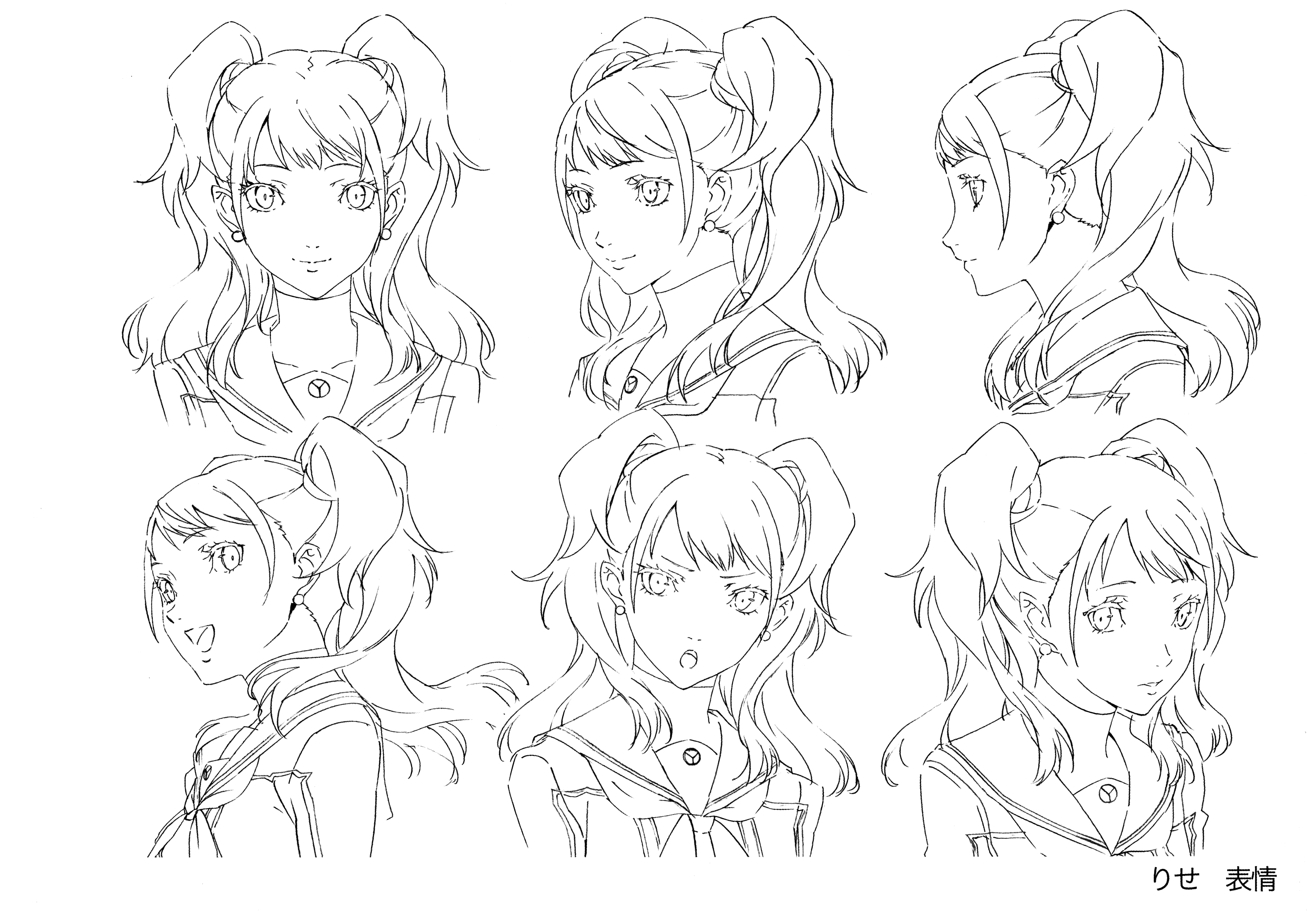 kujikawa rise, persona, persona 4, persona 4 the animation, persona 4 the golden, absurdres, highres, official art, scan, 00s, 1girl, breasts, earrings, female focus, jewelry, long hair, looking at viewer, monochrome, multiple views, reference sheet, school uniform, simple background, smile, solo, twintails, upper body, white background, wide hips