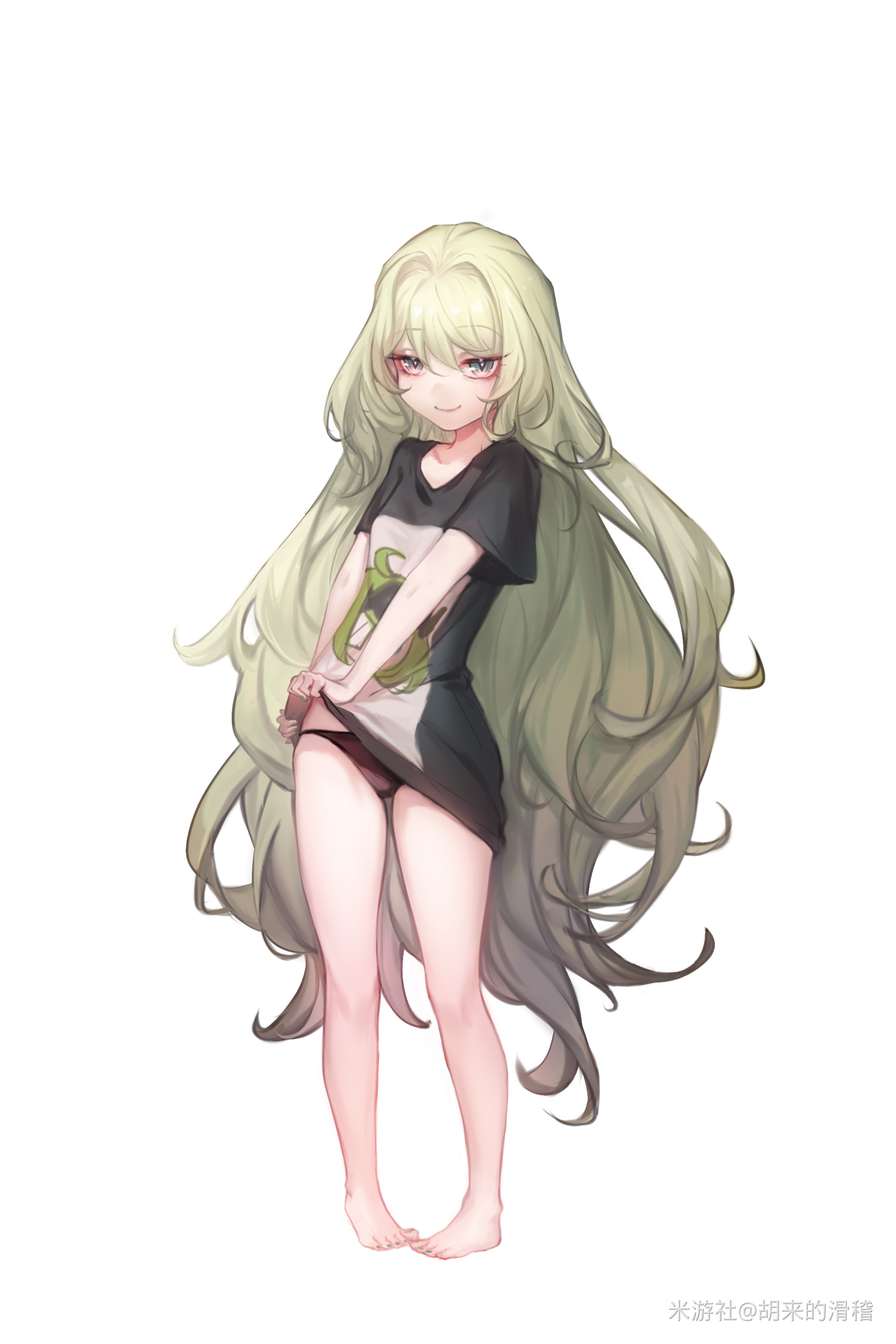 hulai de gou sheng, klein (honkai impact), mobius (honkai impact), honkai (series), honkai impact 3rd, absurdres, highres, 1girl, black panties, black shirt, closed mouth, full body, green eyes, green hair, green nails, long hair, looking at viewer, nail polish, panties, shirt, simple background, slit pupils, smile, solo, toenail polish, toenails, toes, underwear, very long hair, wavy hair, white background