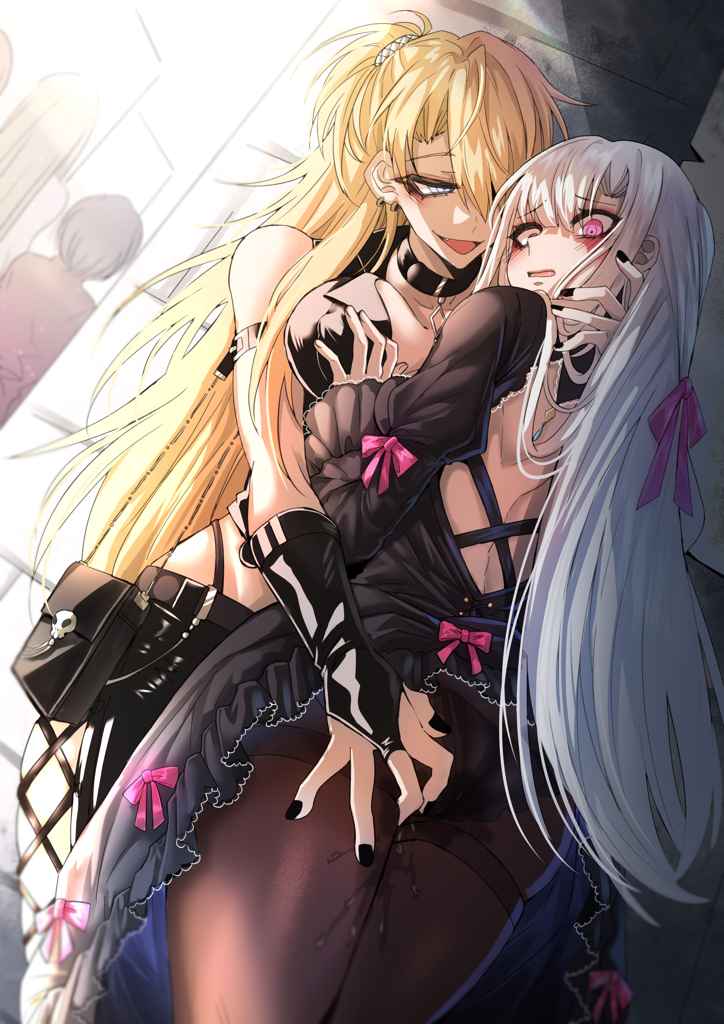nga (ray ray), player character (degrees of lewdity), player character (female) (degrees of lewdity), whitney (degrees of lewdity), whitney (female) (degrees of lewdity), degrees of lewdity, absurdres, chinese commentary, commentary request, highres, 4girls, backless dress, backless outfit, black dress, black gloves, black nails, black pants, black pantyhose, blonde hair, breasts, bridal gauntlets, covered erect nipples, dress, elbow gloves, fang, gloves, grabbing another's breast, grey eyes, groping, hair ribbon, hand on another's neck, large breasts, long hair, multiple girls, open mouth, pants, pantyhose, pink eyes, pink ribbon, public indecency, pussy juice, ribbon, smile, white hair, yuri