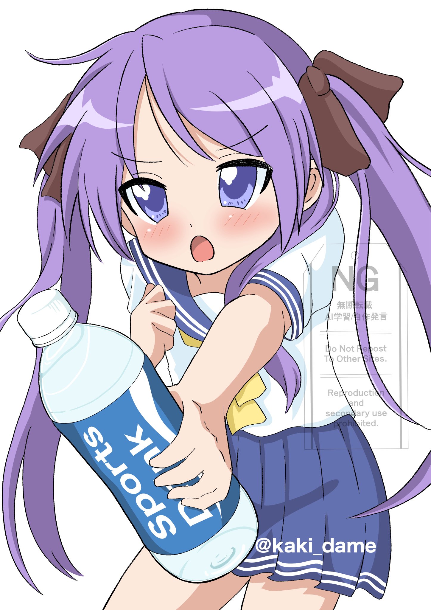 kaki dame, hiiragi kagami, lucky star, highres, 1girl, black bow, blue sailor collar, blue skirt, blush, bottle, bow, hair bow, holding, holding bottle, long hair, neckerchief, pleated skirt, purple hair, ryouou school uniform, sailor collar, school uniform, shirt, simple background, skirt, tsurime, twintails, twitter username, water bottle, white shirt, yellow neckerchief