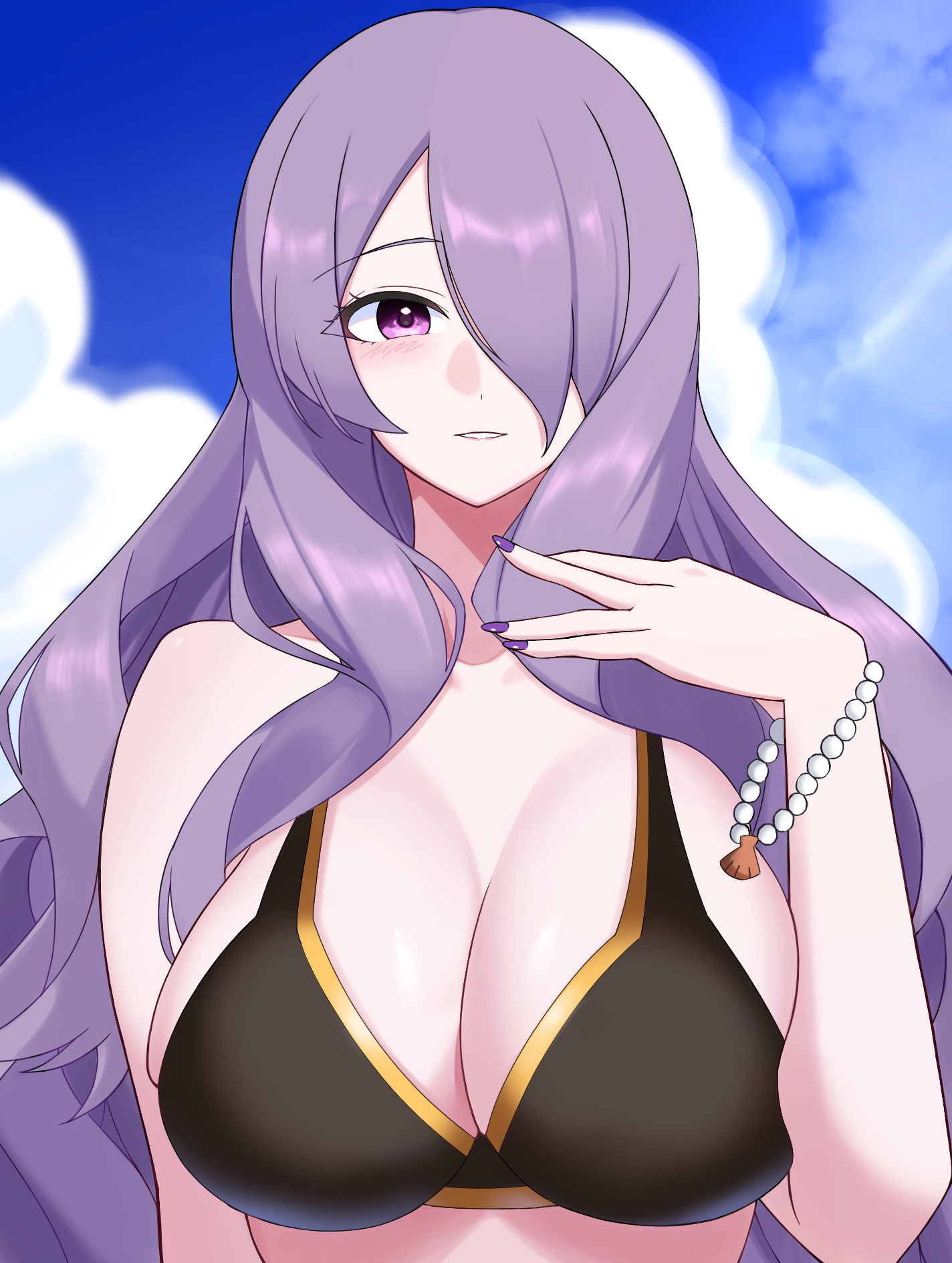 ondur, camilla (fire emblem), fire emblem, fire emblem fates, nintendo, highres, 1girl, alternate costume, bare shoulders, bikini, black bikini, blue sky, bracelet, breasts, cleavage, cleavage cutout, clothing cutout, cloud, hair over one eye, jewelry, large breasts, long hair, looking at viewer, open mouth, outdoors, parted lips, purple eyes, purple hair, sky, smile, solo, swimsuit, very long hair, wavy hair