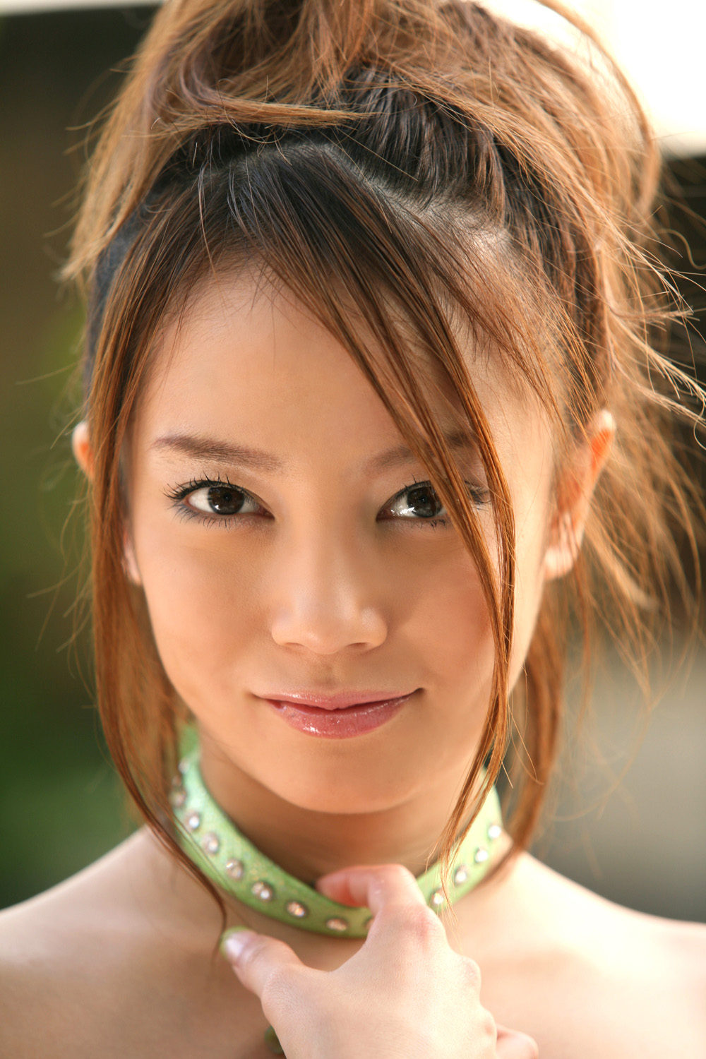 ishizaka chinami, highres, photo (medium), tagme, 1girl, asian, blurry, brown hair, choker, collar, depth of field, dyed hair, female focus, japanese (nationality), light smile, lip gloss, looking at viewer, solo