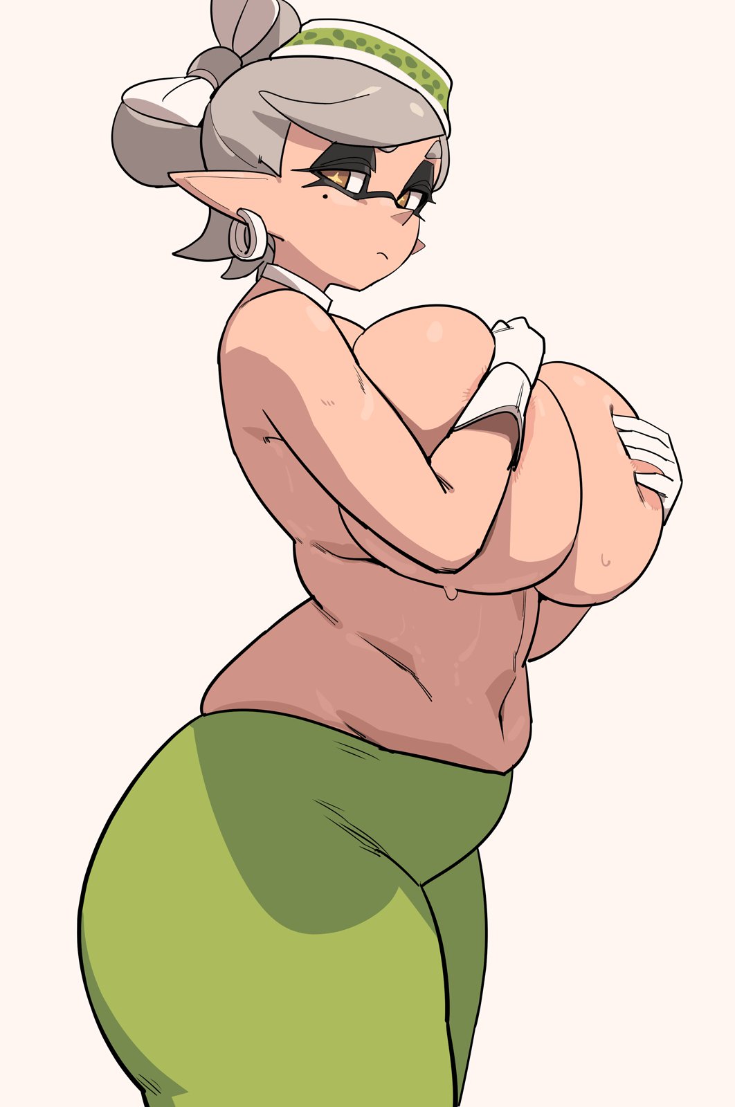 yuta agc, marie (splatoon), nintendo, splatoon (series), splatoon 1, highres, + +, 1girl, bow-shaped hair, breasts, collar, collarbone, covering breasts, covering privates, earrings, eyelashes, food, food on head, gloves, grabbing own breast, green pantyhose, grey hair, half-closed eyes, hoop earrings, inkling, jewelry, large breasts, looking at viewer, mole, mole under eye, navel, object on head, pantyhose, plump, pointy ears, shiny skin, short hair, skindentation, solo, stomach, sweat, topless female, white background, white collar, white gloves, yellow eyes