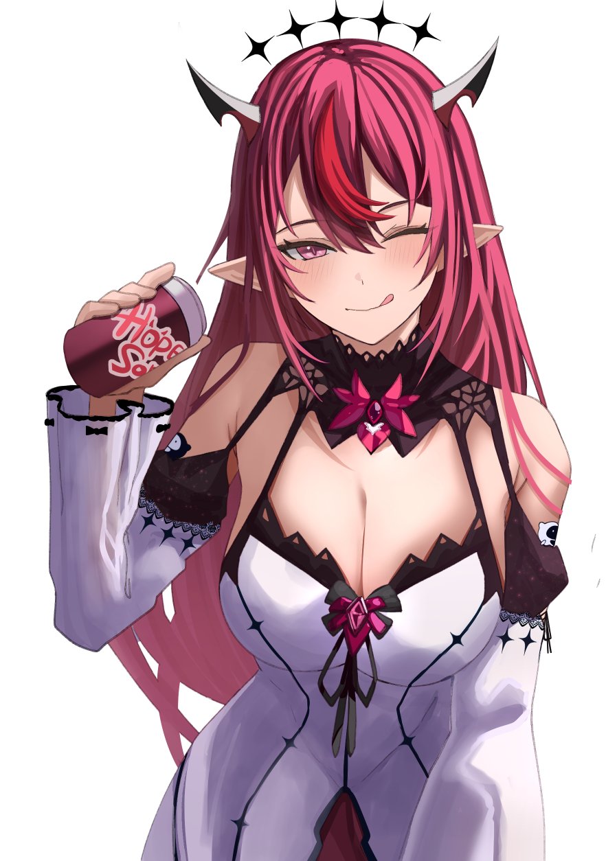 si farid, bloom (irys), gloom (irys), irys (hololive), irys (irys 2.0) (hololive), hololive, hololive english, highres, 1girl, ;q, black halo, black horns, breasts, can, cleavage, dress, drink can, halo, holding, holding can, horns, large breasts, long hair, looking at viewer, one eye closed, pointy ears, purple eyes, purple hair, red streaks, simple background, soda can, solo, tongue, tongue out, virtual youtuber, white background, white dress, white sleeves