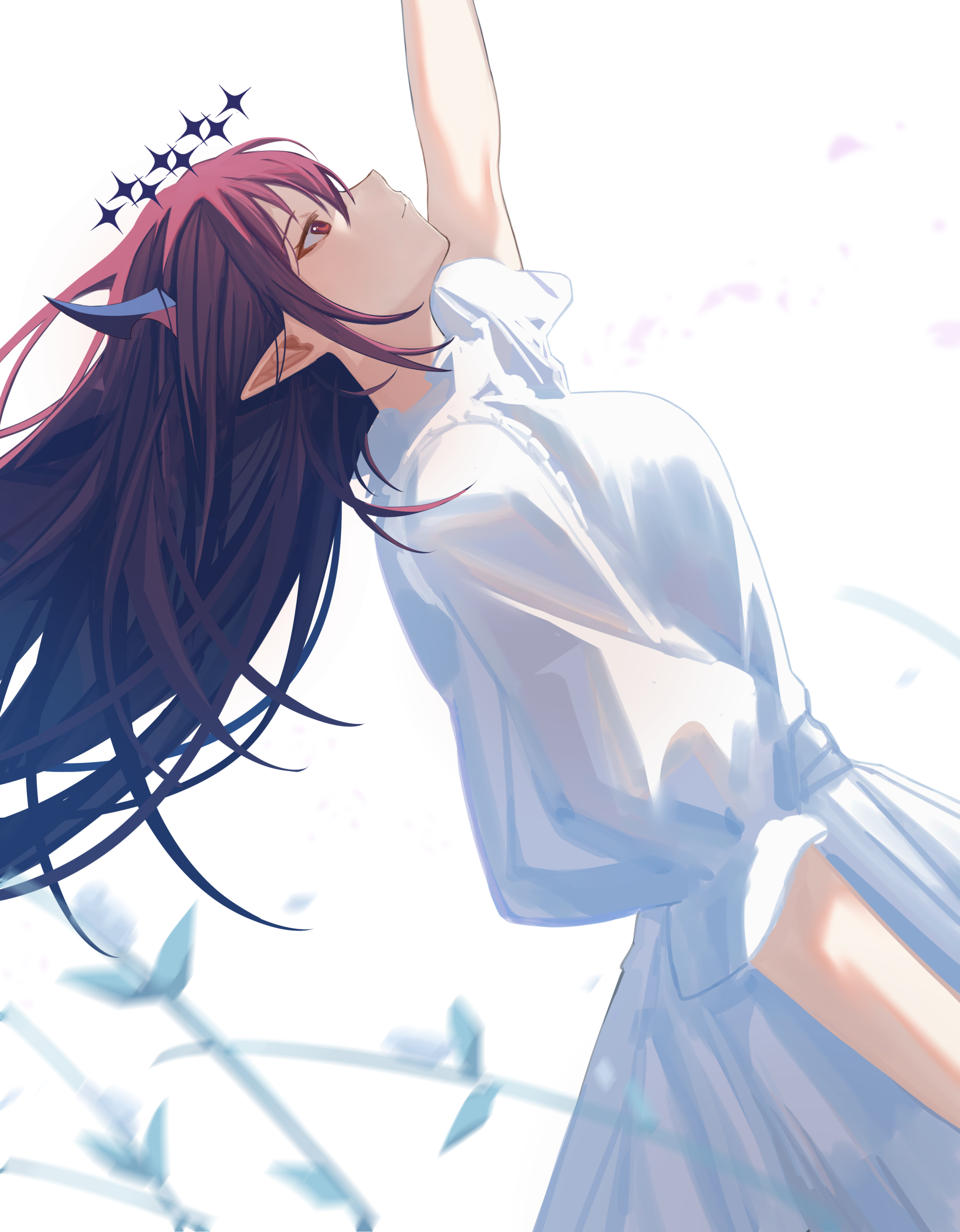 si farid, irys (hololive), hololive, hololive english, highres, 1girl, arm up, black halo, black horns, closed mouth, dress, falling petals, from side, halo, horns, long hair, petals, pointy ears, purple eyes, purple hair, solo, virtual youtuber, white background, white dress