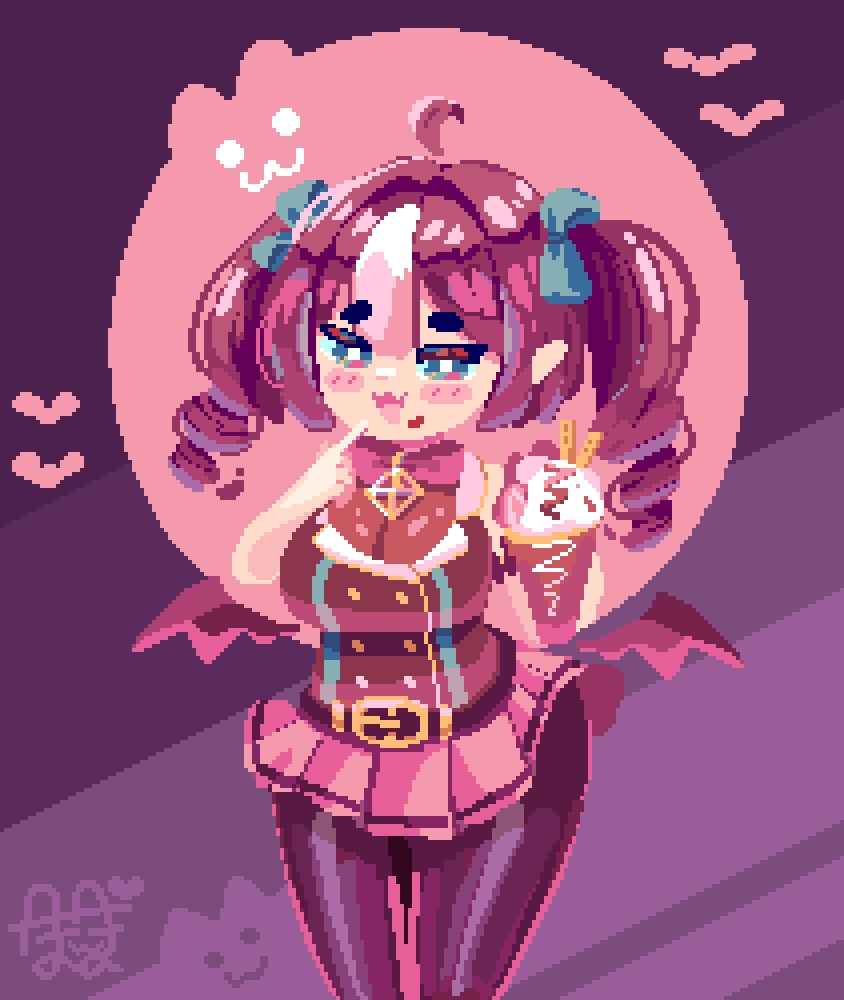 original, 1girl, :3, ahoge, bat wings, belt, black pantyhose, blush stickers, bow, breasts, bright pupils, brown hair, buttons, cleavage, crepe, double-breasted, drill hair, food, food on face, green eyes, hair bow, hikimayu, holding, holding crepe, holding food, large breasts, long hair, low wings, miniskirt, multiple hair bows, open mouth, pantyhose, pixel art, poppo (poppo), poppo (x poppo x), shirt, skirt, sleeveless, sleeveless shirt, solo, twin drills, twintails, white pupils, wings