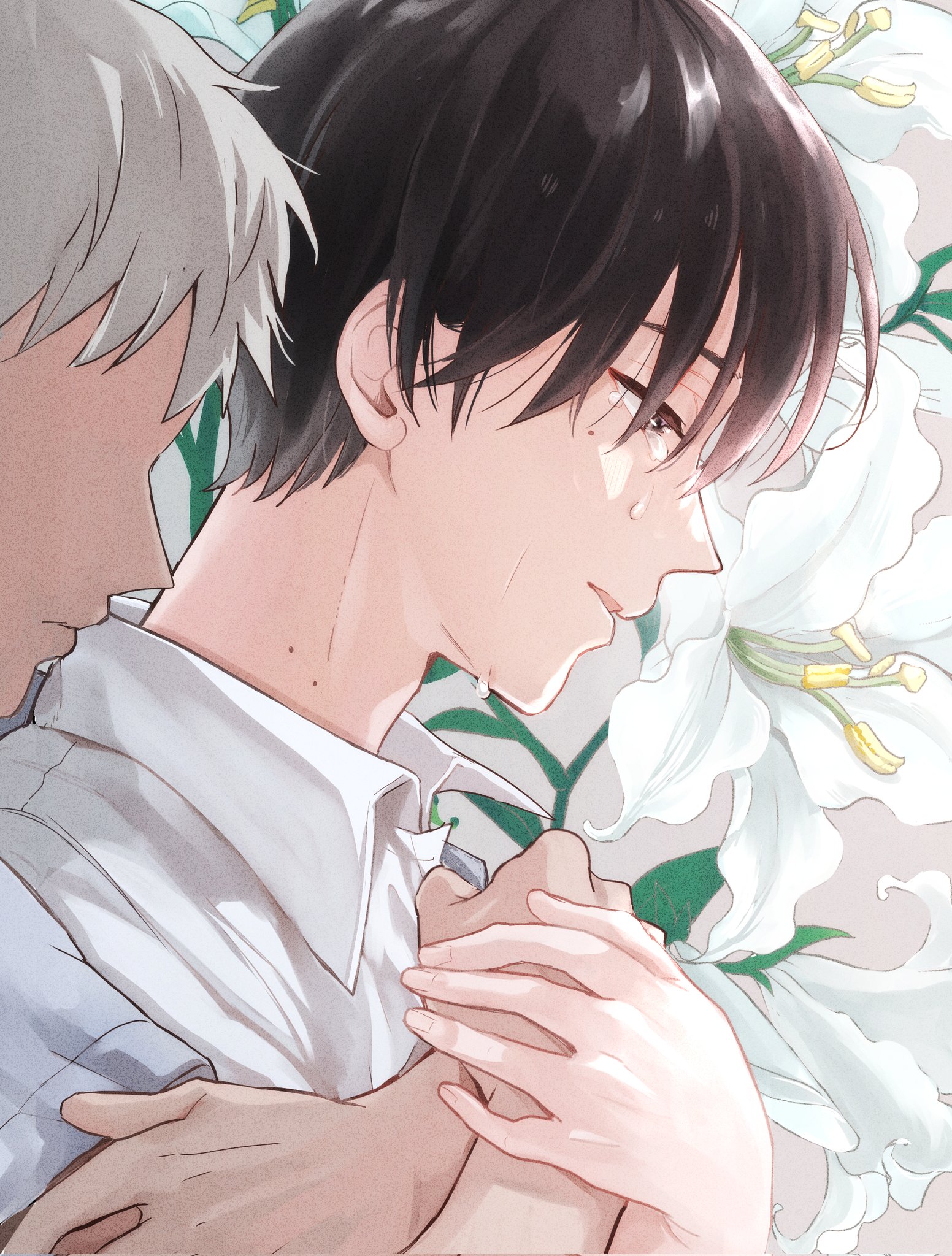 indou hikaru, tsujinaka yoshiki, hikaru ga shinda natsu, commentary request, corrupted twitter file, highres, 2boys, black hair, collared shirt, crying, crying with eyes open, from side, hug, hug from behind, male focus, mole, mole on neck, mole under eye, mozuku mogu69, multiple boys, multiple moles, no eyes, shirt, short hair, tears, upper body, white hair, white shirt