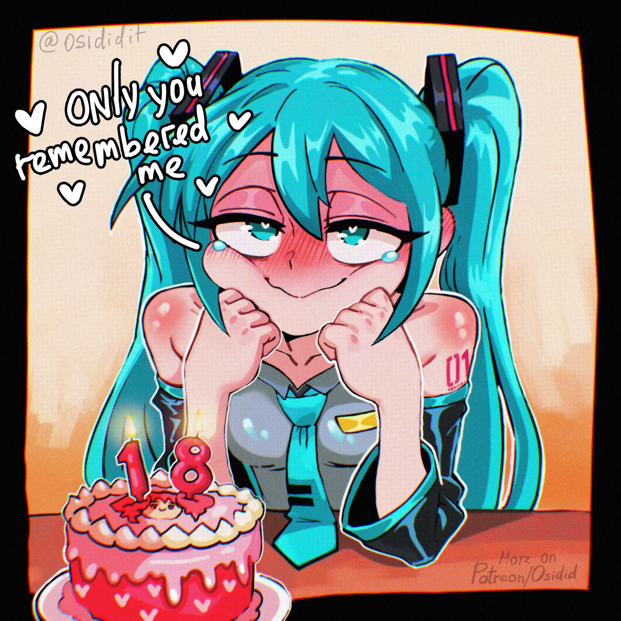 osidid, hatsune miku, kasane teto, vocaloid, highres, 1girl, arm tattoo, birthday cake, blue eyes, blue hair, blue necktie, blush, breasts, cake, closed mouth, collarbone, collared shirt, detached sleeves, elbows on table, english text, food, grey shirt, half-closed eyes, heart, long hair, long sleeves, looking at viewer, medium breasts, necktie, patreon username, shirt, sleeveless, sleeveless shirt, smile, solo, tattoo, tearing up, tie clip, twintails, twitter username, upper body