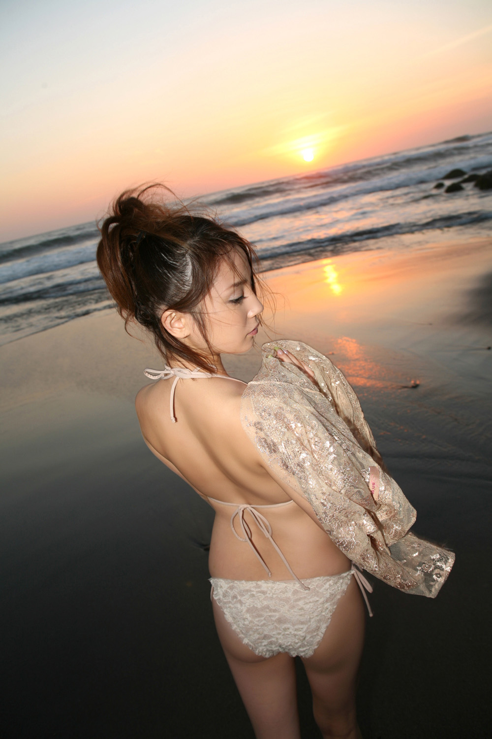 ishizaka chinami, highres, photo (medium), ass, bra, lingerie, panties, peignoir, side-tie panties, underwear