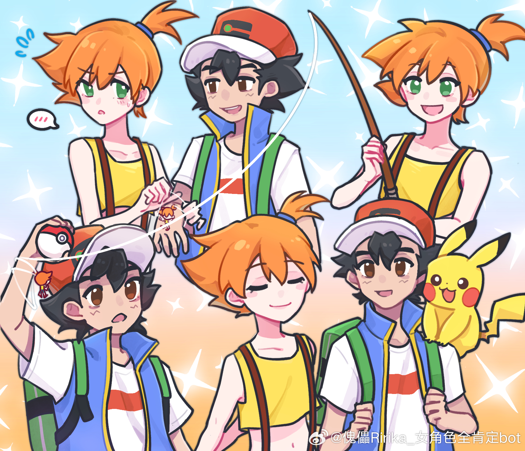 ash ketchum, misty (pokemon), pikachu, nintendo, pokemon, pokemon (anime), pokemon (classic anime), pokemon rgby, 1boy, 1girl, :d, backpack, bag, baseball cap, black hair, blue jacket, blush, brown eyes, charm (object), closed eyes, collarbone, denim, denim shorts, fishing rod, flying sweatdrops, gen 1 pokemon, green bag, green eyes, hat, holding, holding fishing rod, holding poke ball, jacket, navel, on shoulder, open mouth, orange hair, poke ball, poke ball (basic), ponytail, shirt, short hair, short sleeves, shorts, side ponytail, sleeveless, sleeveless jacket, sleeveless shirt, smile, sparkle, spoken blush, suspenders, t-shirt, teeth, white shirt, yellow shirt