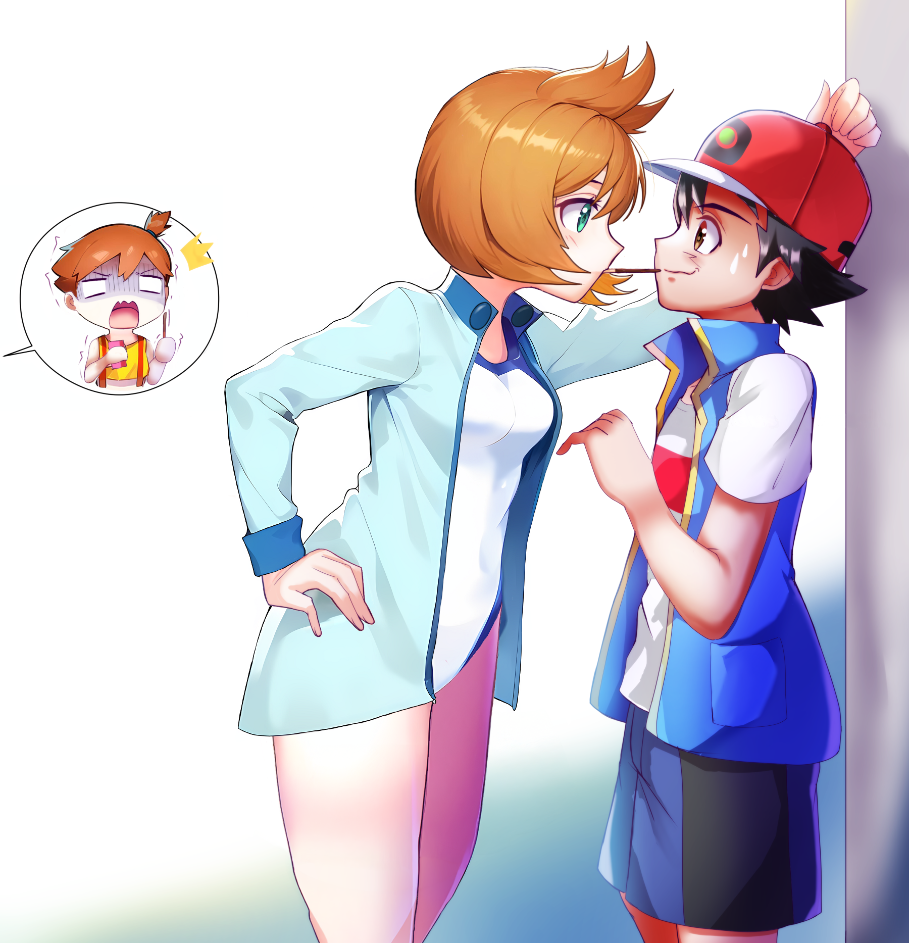 ash ketchum, misty (pokemon), nintendo, pokemon, pokemon (anime), pokemon (classic anime), pokemon hgss, pokemon rgby, 1boy, 1girl, 2girls, baseball cap, black hair, blue jacket, blush, breasts, brown eyes, brown hair, competition swimsuit, eye contact, food, food in mouth, green eyes, hand on own hip, hat, hetero, jacket, kabedon, long sleeves, looking at another, mouth hold, multiple girls, one-piece swimsuit, open clothes, open jacket, open mouth, orange hair, pocky, pocky day, pocky kiss, shared food, shirt, short hair, short sleeves, shorts, side ponytail, sleeveless, sleeveless jacket, spoken character, standing, surprised, sweatdrop, swimsuit, t-shirt, trembling, turn pale, wavy mouth, white one-piece swimsuit, white shirt