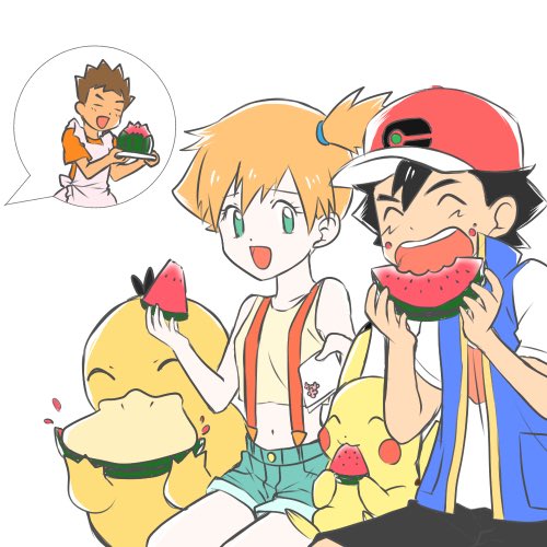 ash ketchum, brock (pokemon), misty (pokemon), pikachu, psyduck, nintendo, pokemon, pokemon (anime), pokemon (classic anime), pokemon rgby, lowres, 1girl, 2boys, :d, apron, asymmetrical hair, baseball cap, black hair, black shorts, blue jacket, brown hair, closed eyes, denim, denim shorts, eating, eyelashes, food, food on face, fruit, gen 1 pokemon, green eyes, green shorts, hat, holding, holding food, holding fruit, holding plate, holding tray, jacket, midriff, multiple boys, navel, open mouth, orange hair, orange shirt, plate, ponytail, shirt, short hair, short sleeves, shorts, side ponytail, sitting, sleeveless, sleeveless shirt, smile, spiked hair, spoken character, suspender shorts, suspenders, t-shirt, tank top, teeth, tongue, tray, watermelon, watermelon slice, yellow shirt, yellow tank top
