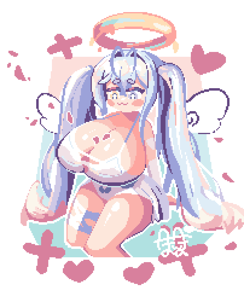 original, :3, angel, angel wings, borrowed character, bow, bow panties, breasts, camisole, cleavage, grey eyes, grey hair, halo, heart, heterochromia, hikimayu, huge breasts, leg ribbon, orange eyes, panties, pixel art, poppo (x poppo x), ribbon, thigh ribbon, twintails, underwear, white camisole, white panties, wings