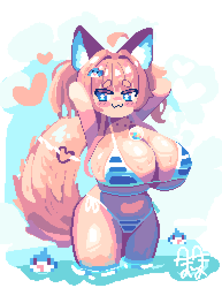 original, + +, 1girl, :3, ahoge, animal ears, arms behind head, arms up, bikini, blue eyes, blush stickers, breasts, hair intakes, heart, hikimayu, huge breasts, kaede (poppo), micro bikini, pink hair, pixel art, poppo (x poppo x), solo, striped bikini, striped clothes, swimsuit, tail, twintails, wading, wet, wolf ears, wolf girl, wolf tail