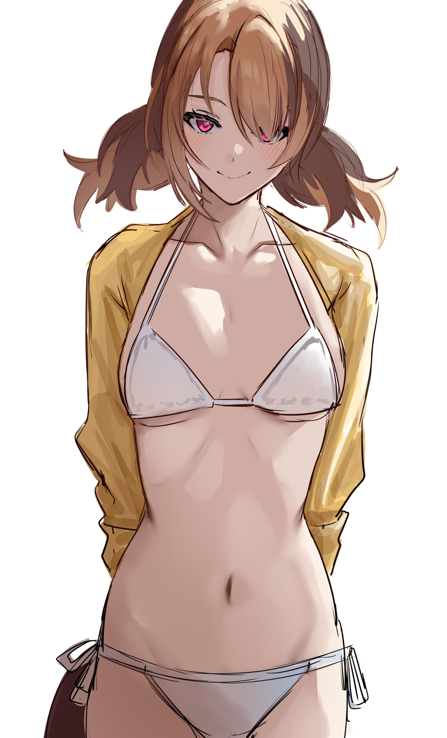 si farid, gigi murin, hololive, hololive english, absurdres, highres, 1girl, bikini, blonde hair, breasts, brown hair, closed mouth, jacket, multicolored hair, navel, simple background, small breasts, smile, solo, swimsuit, tail, twintails, two-tone hair, virtual youtuber, white background, white bikini, yellow jacket