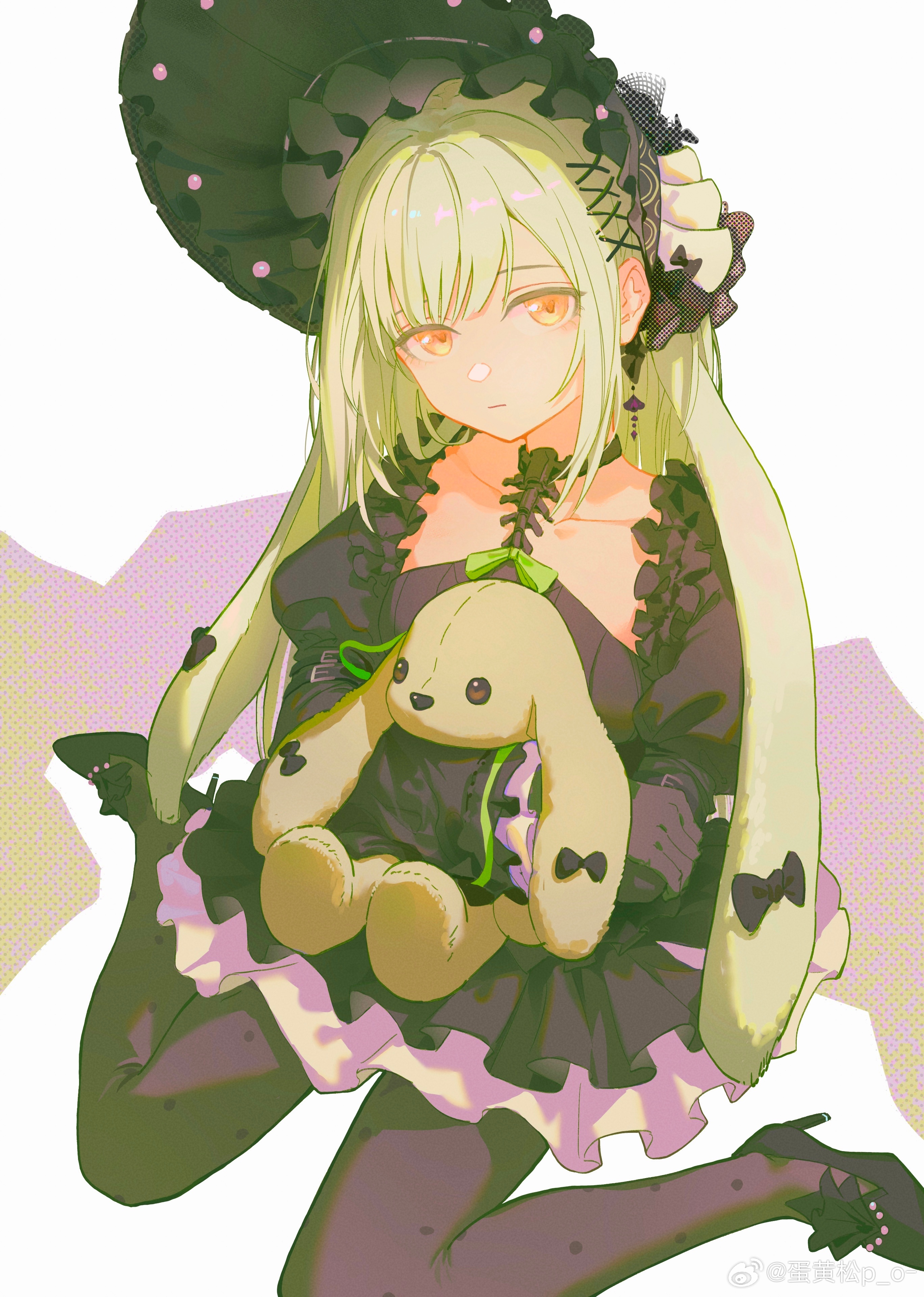enip o, wakaba mutsumi, arknights, bang dream!, bang dream! it's mygo!!!!!, absurdres, chinese commentary, commentary request, highres, 1girl, animal ears, black bonnet, black bow, black choker, black dress, black pantyhose, black shoes, bonnet, bow, choker, closed mouth, dress, ear bow, floppy ears, frilled dress, frills, full body, gothic lolita, green hair, hair ornament, high heels, holding, holding stuffed toy, lolita fashion, long hair, long sleeves, looking at viewer, pantyhose, rabbit ears, rabbit girl, shoes, sidelocks, sitting, solo, stuffed animal, stuffed rabbit, stuffed toy, wakaba mutsumi (marionette's id), wariza, watermark, weibo watermark, white background, x hair ornament, yellow eyes