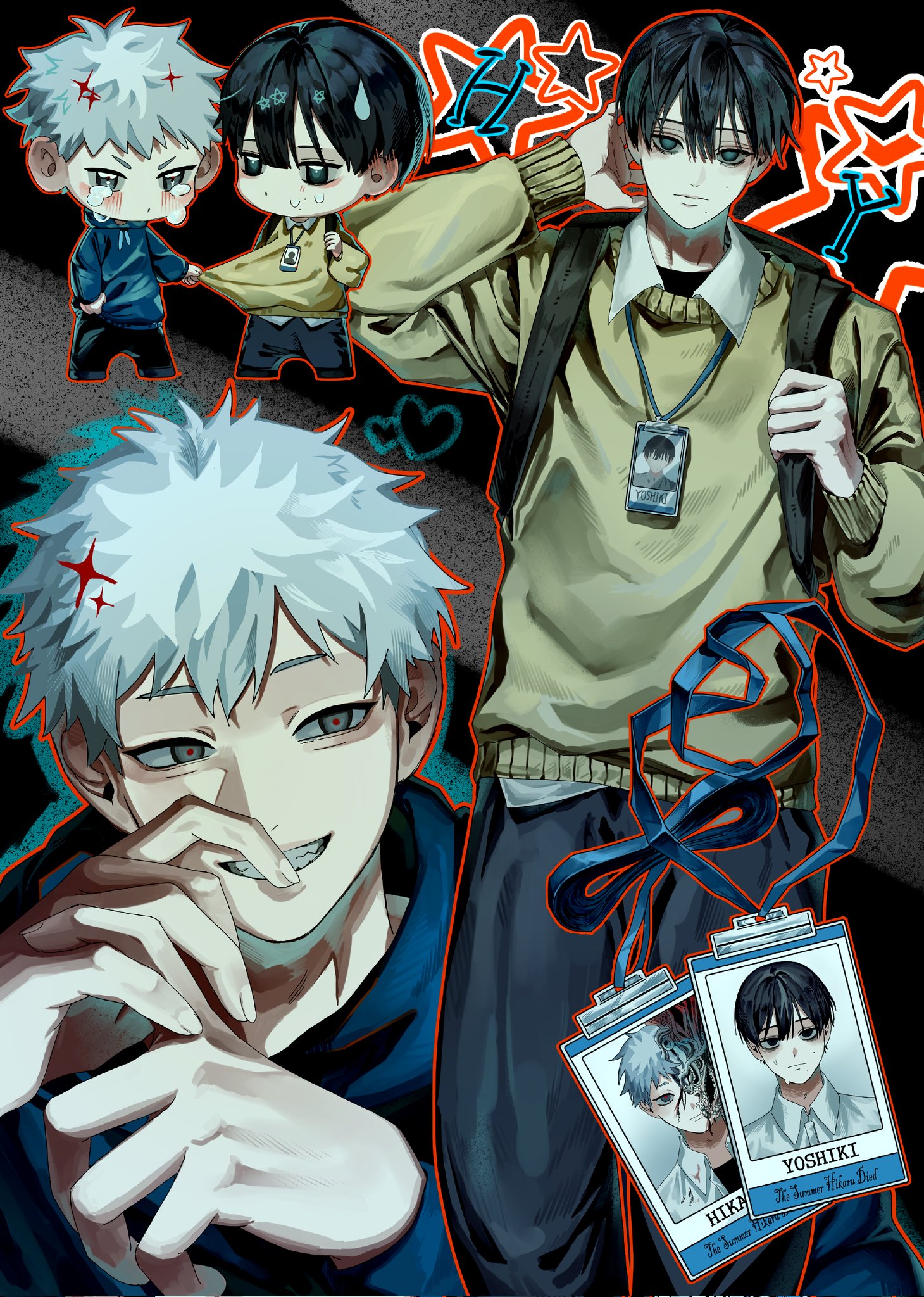 indou hikaru, tsujinaka yoshiki, hikaru ga shinda natsu, commentary request, highres, korean commentary, 2boys, alternate costume, arm behind head, backpack, bag, black bag, black hair, black pants, blush, chibi, collared shirt, crying, grin, id card, long sleeves, male focus, multiple boys, nugu04909882, pants, red pupils, shirt, smile, star (symbol), teeth, upper body, white hair