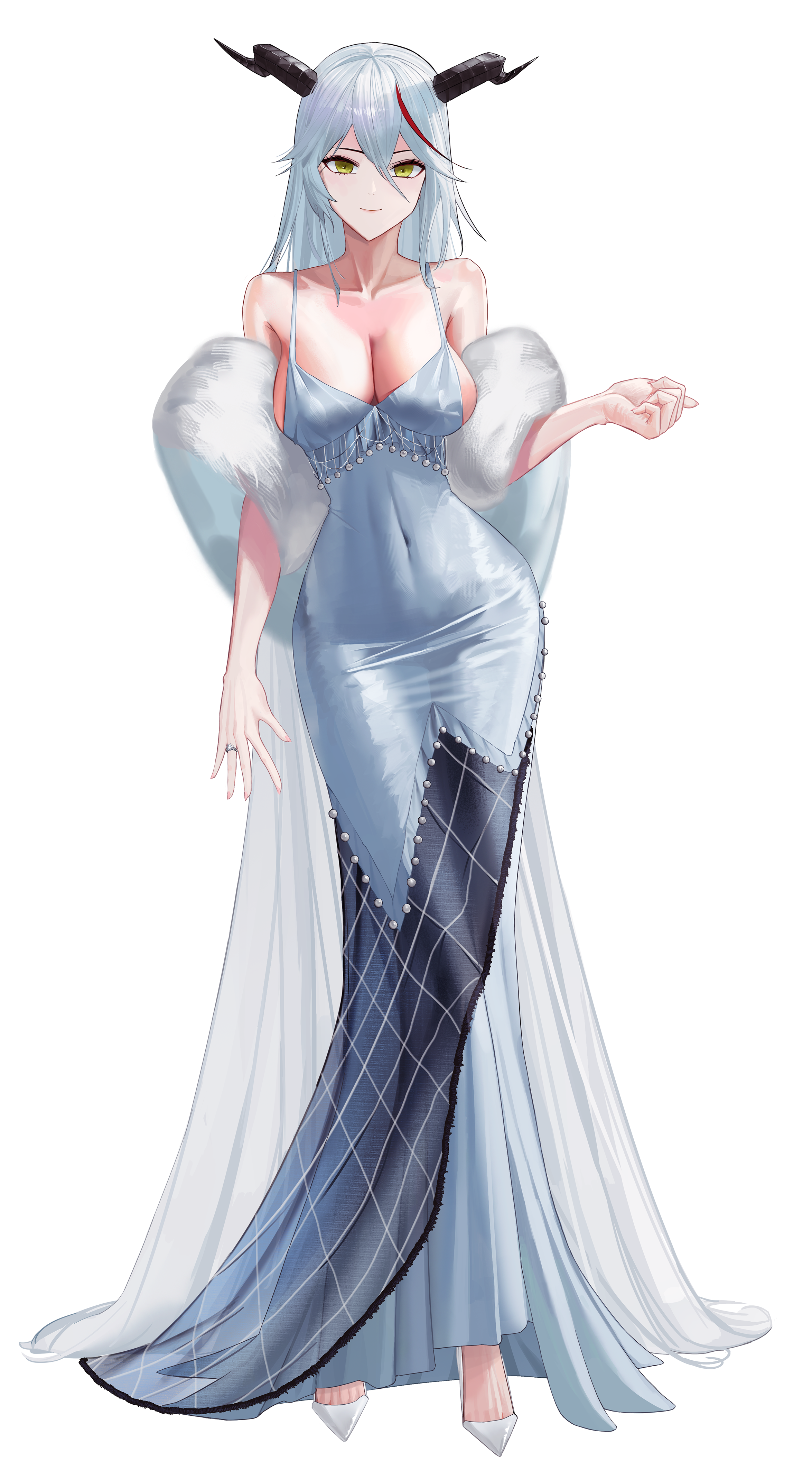 fi ao, aegir (azur lane), azur lane, absurdres, chinese commentary, commentary request, highres, 1girl, absurdly long hair, alternate breast size (smaller), alternate costume, bare shoulders, black horns, breasts, cleavage, closed mouth, collarbone, covered navel, dragon horns, dress, feather boa, fingernails, full body, grey hair, high heels, horns, jewelry, light smile, lips, long hair, looking at viewer, medium breasts, multicolored hair, red hair, ring, shoes, silver dress, solo, spaghetti strap, standing, streaked hair, very long hair, white background, white shoes, yellow eyes