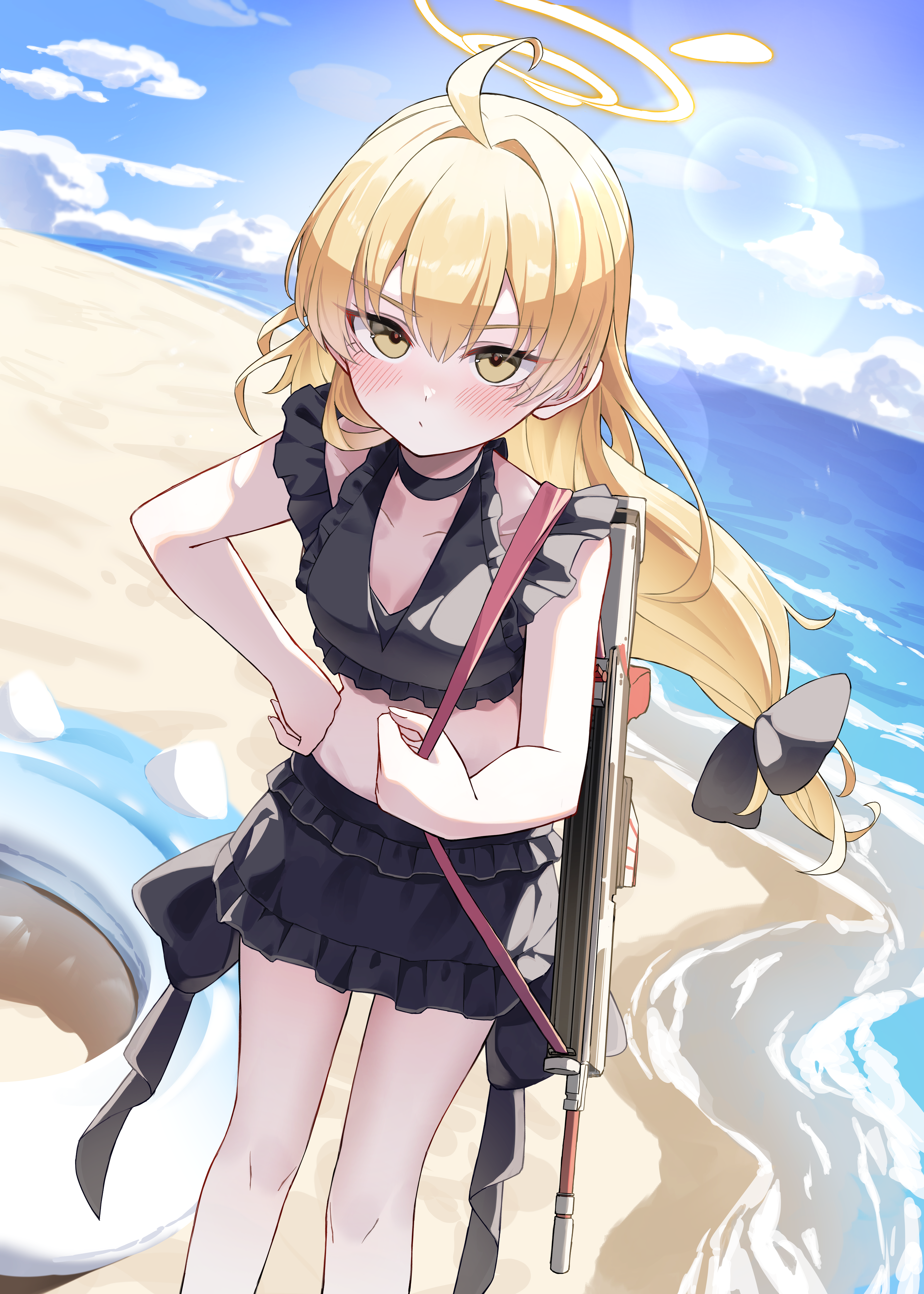 heimu (heim kstr), yoshimi (blue archive), blue archive, absurdres, commentary, highres, 1girl, :/, ahoge, alternate costume, alternate hairstyle, bare legs, battle rifle, beach, bikini, bikini skirt, black bikini, black bow, black choker, blonde hair, blush, bow, breasts, choker, collarbone, feet out of frame, fn scar 17, frilled bikini, frills, gun, gun sling, hair bow, halo, long hair, looking at viewer, low-tied long hair, outdoors, rifle, small breasts, solo, swimsuit, very long hair, weapon, white innertube, yellow eyes