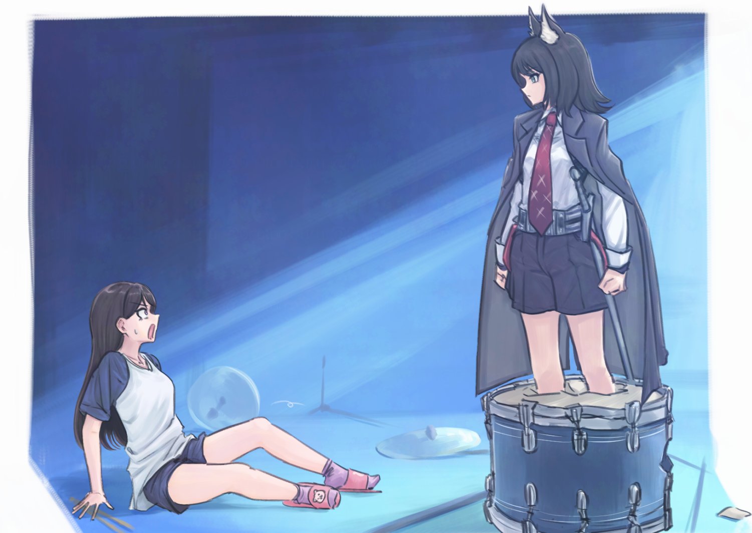 tomare (akashingou), shiina taki, yahata umiri, bang dream!, bang dream! it's mygo!!!!!, commentary request, cropped, 2girls, animal ears, black cape, black hair, black shorts, blue eyes, blue shorts, brown hair, cape, closed mouth, collared shirt, cymbals, drum, instrument, long hair, looking at another, medium hair, multiple girls, necktie, open mouth, pink slippers, purple eyes, purple socks, red necktie, shirt, short sleeves, shorts, slippers, socks, sweat, sword, weapon, white shirt, wolf ears