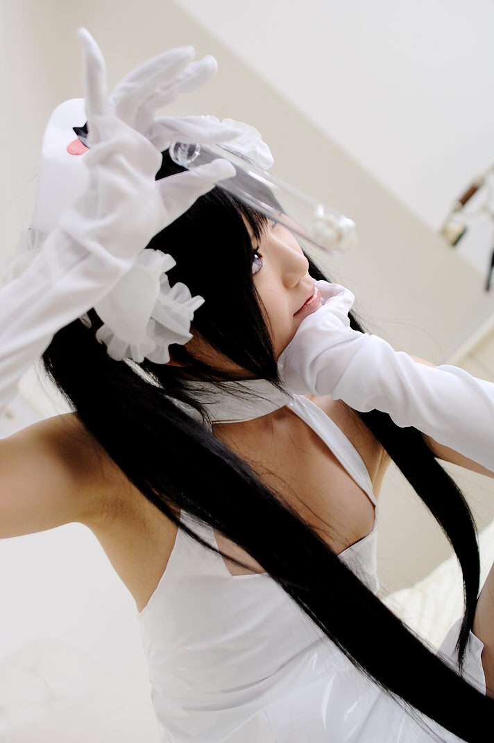 kipi-san, ruriko nasu, pure trance, photo (medium), 1girl, asian, black hair, bow, breasts, color contacts, cosplay, dutch angle, elbow gloves, female focus, gloves, hair bow, indoors, long hair, nurse, purple eyes, ruriko nasu (cosplay), small breasts, solo, test tube, twintails