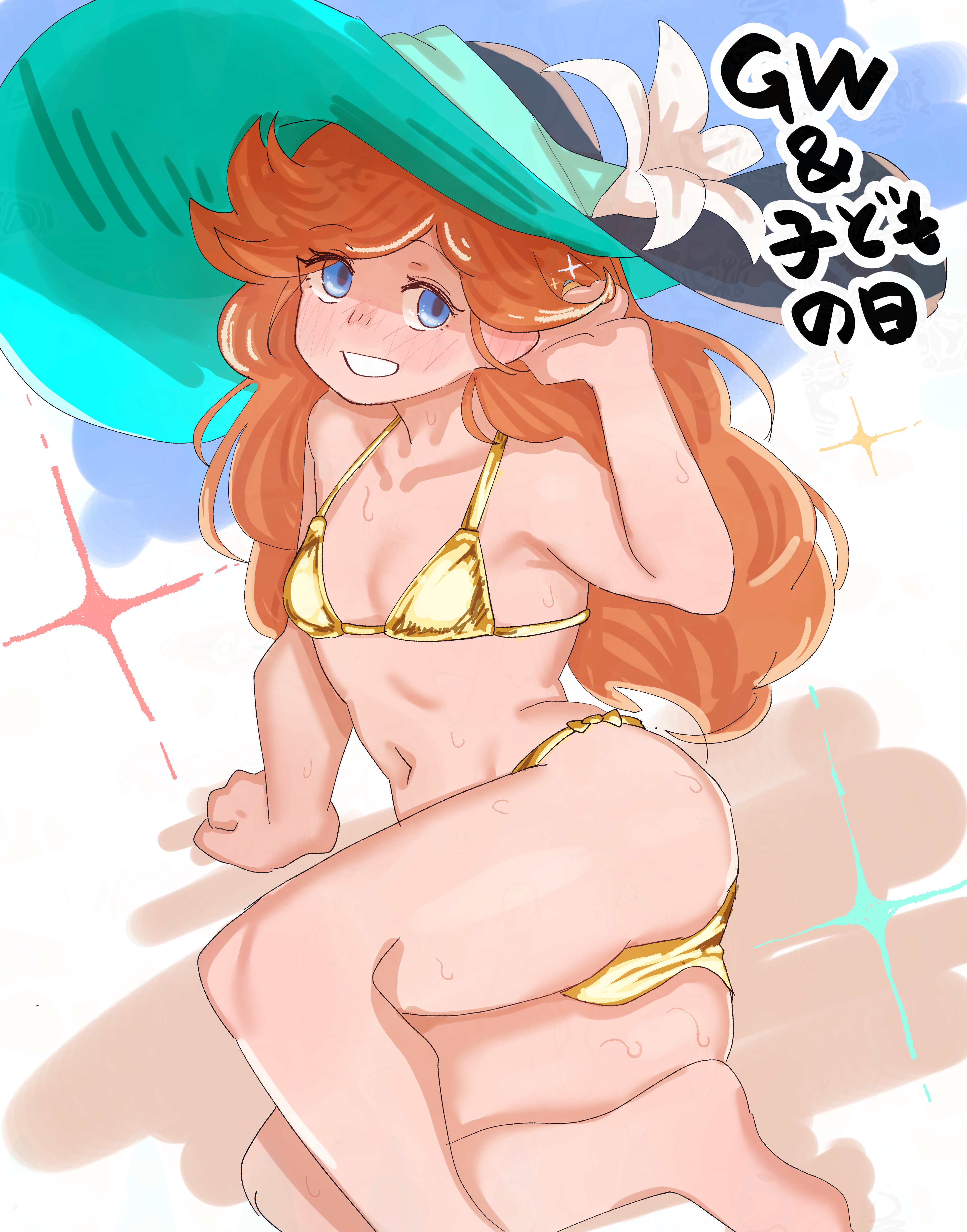 minomushi4649, sara (granblue fantasy), granblue fantasy, absurdres, flower request, highres, translation request, 1girl, ass, beach, bikini, blue eyes, blush, breasts, cleavage, collarbone, crotch, dripping, flat chest, floppy hat, flower, full-face blush, gold bikini, golden week, grin, hand in own hair, hand on ground, hand up, hat, hat flower, legs together, long hair, looking at viewer, lying, navel, on side, orange hair, smile, solo, sparkle, string bikini, sun hat, swimsuit, thighs, three-toned background