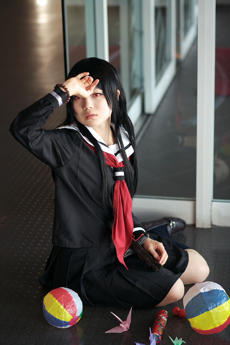 enma ai, kanata (model), jigoku shoujo, highres, photo (medium), ball, beachball, cosplay, kaleidoscope, kneehighs, origami, paper crane, sailor, school uniform, serafuku, socks, waraningyo