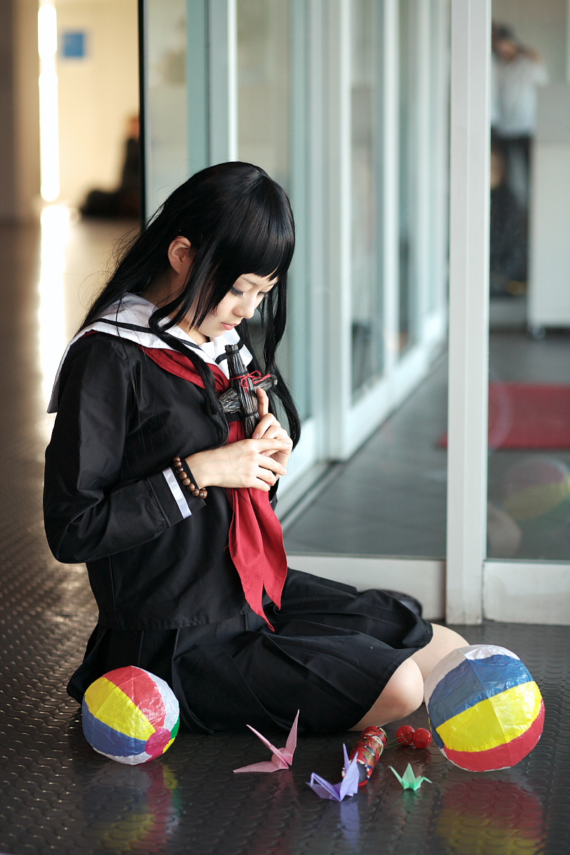 enma ai, kanata (model), jigoku shoujo, highres, photo (medium), ball, beachball, cosplay, kaleidoscope, kneehighs, origami, paper crane, sailor, school uniform, serafuku, socks, waraningyo