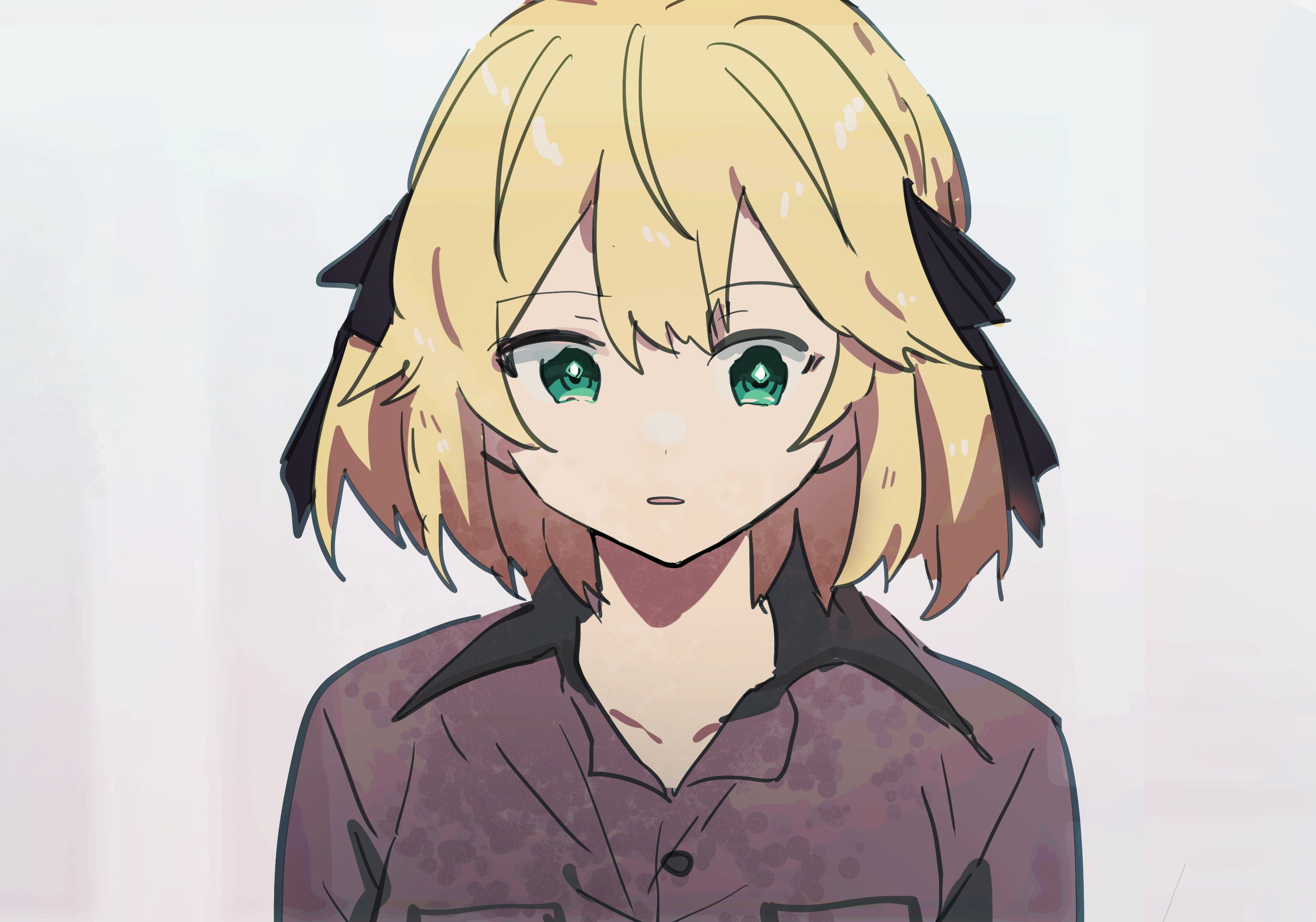 kaeshi (yuukaeshi), anisphia wynn palettia, tensei oujo to tensai reijou no mahou kakumei, highres, 1girl, black ribbon, blonde hair, collared shirt, green eyes, grey background, grey shirt, hair ribbon, medium hair, parted lips, ribbon, shirt, simple background, solo, upper body