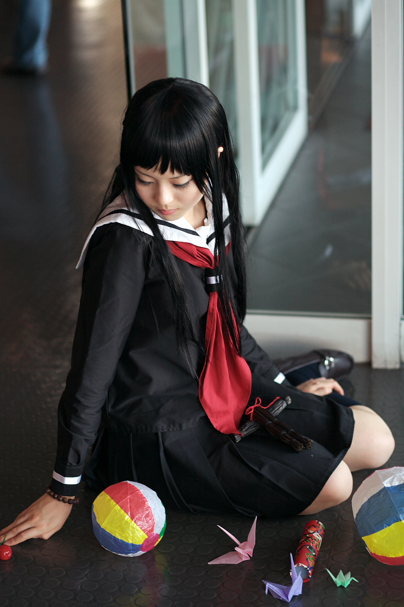 enma ai, kanata (model), jigoku shoujo, highres, photo (medium), ball, beachball, cosplay, kaleidoscope, kneehighs, origami, paper crane, sailor, school uniform, serafuku, socks, waraningyo
