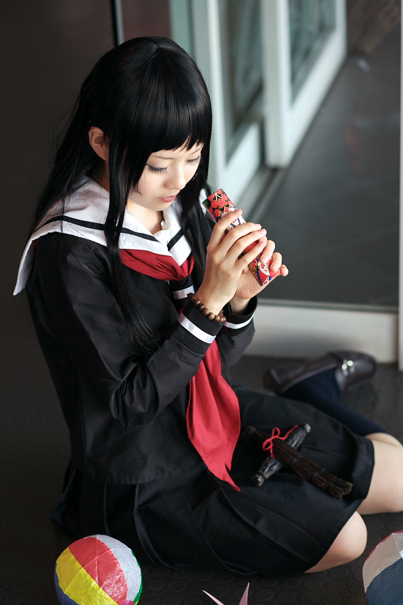 enma ai, kanata (model), jigoku shoujo, highres, photo (medium), ball, beachball, cosplay, kaleidoscope, kneehighs, origami, paper crane, sailor, school uniform, serafuku, socks, waraningyo