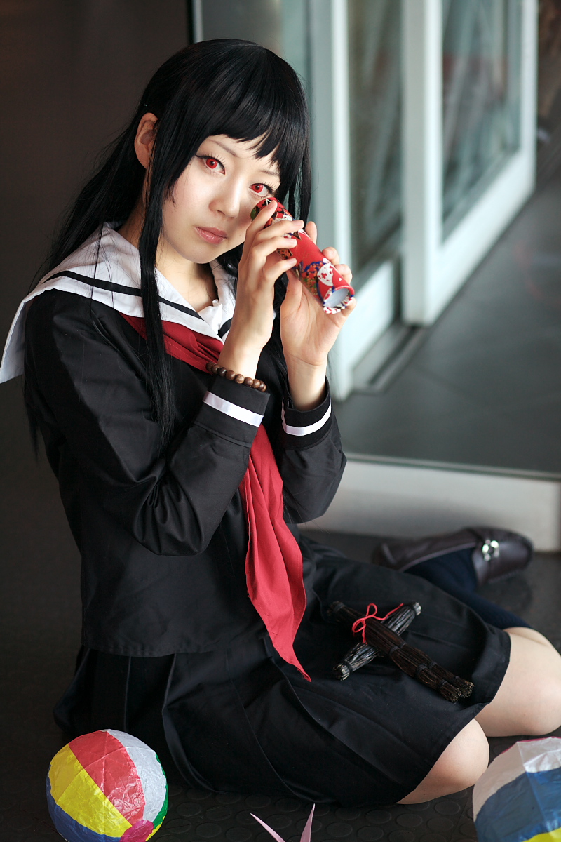 enma ai, kanata (model), jigoku shoujo, highres, photo (medium), ball, beachball, cosplay, kaleidoscope, kneehighs, origami, paper crane, sailor, school uniform, serafuku, socks, waraningyo