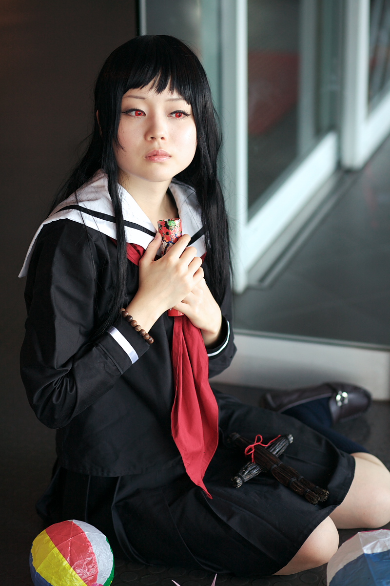 enma ai, kanata (model), jigoku shoujo, highres, photo (medium), ball, beachball, cosplay, kaleidoscope, kneehighs, origami, paper crane, sailor, school uniform, serafuku, socks, waraningyo