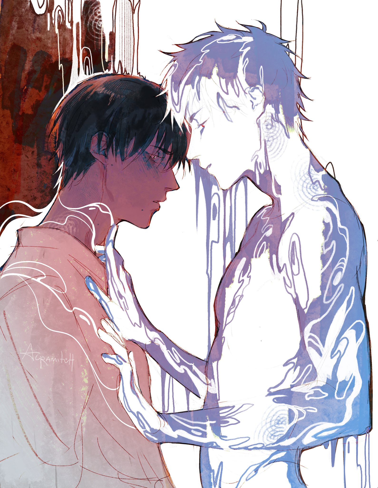 indou hikaru, hikaru ga shinda natsu, hashtag-only commentary, highres, 2boys, acra mitch, artist name, black hair, body horror, closed mouth, from side, hand on another's chest, looking at another, male focus, mole, mole on cheek, mole under mouth, multiple boys, multiple moles, red pupils, short hair, upper body