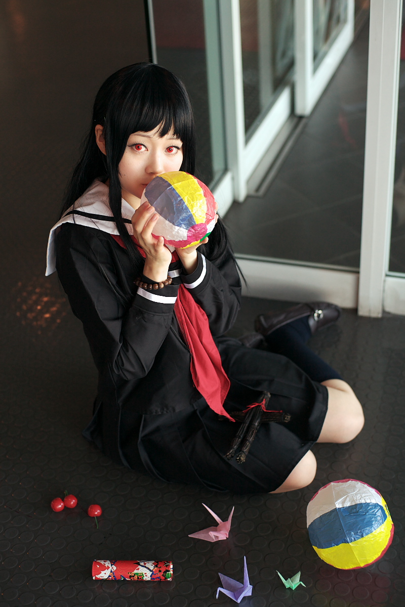 enma ai, kanata (model), jigoku shoujo, highres, photo (medium), ball, beachball, cherry, cosplay, food, fruit, kaleidoscope, kneehighs, origami, paper crane, sailor, school uniform, serafuku, socks, waraningyo