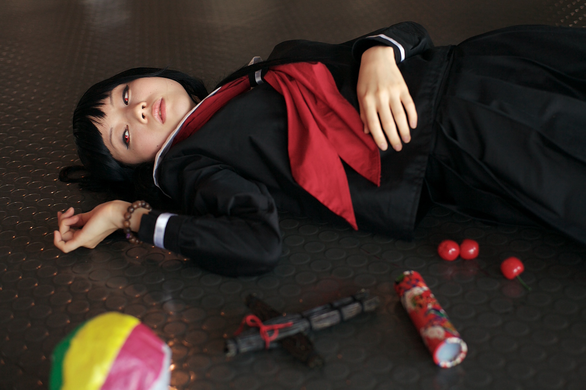 enma ai, kanata (model), jigoku shoujo, photo (medium), ball, beachball, cherry, cosplay, food, fruit, kaleidoscope, sailor, school uniform, serafuku, waraningyo