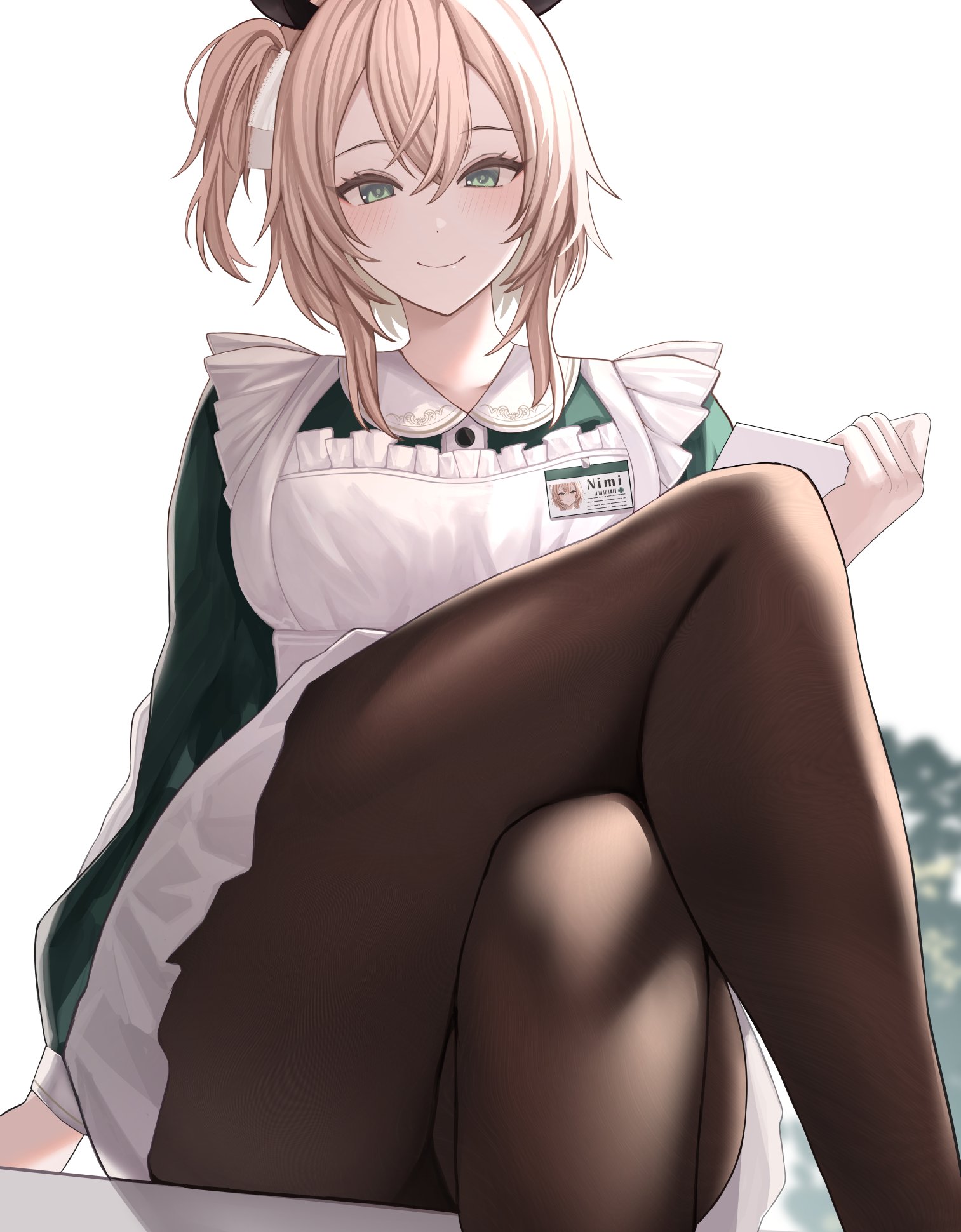 si farid, nimi nightmare, indie virtual youtuber, hashtag-only commentary, highres, 1girl, animal ears, apron, blonde hair, brown pantyhose, closed mouth, crossed legs, dress, green dress, long sleeves, medium hair, name tag, one side up, pantyhose, sitting, smile, solo, tapir ears, tapir girl, virtual youtuber, white apron