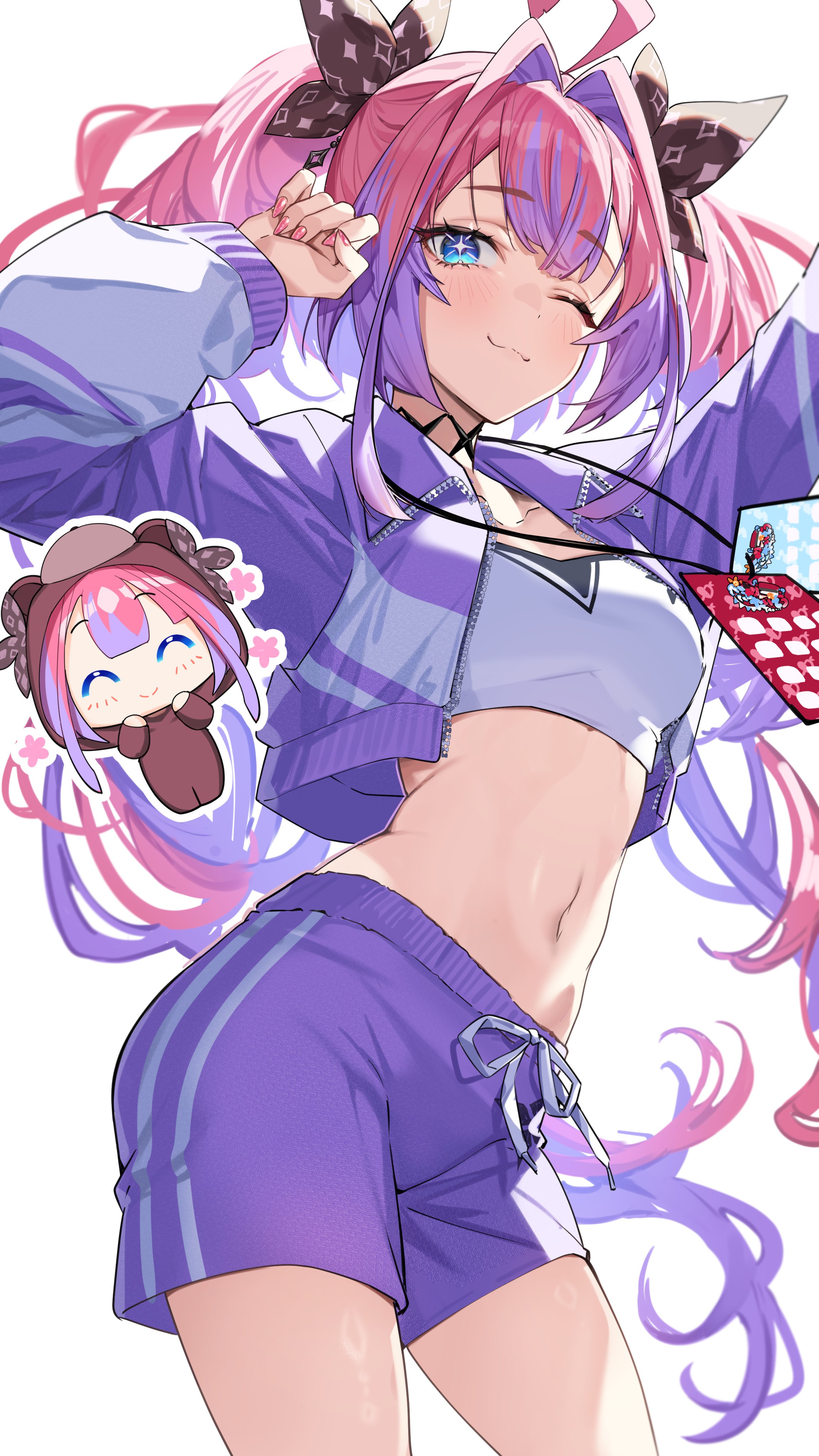 nonomaro, kikirara vivi, hololive, hololive dev is, absurdres, highres, 1girl, ahoge, alternate costume, blue eyes, bow, breasts, center-flap bangs, chibi, crop top, cropped shirt, hair between eyes, hair bow, hair intakes, jacket, lanyard, long hair, midriff, multicolored hair, multiple hair bows, open clothes, open jacket, pink hair, purple hair, purple jacket, purple shorts, short shorts, shorts, solo, star-shaped pupils, star (symbol), stomach, symbol-shaped pupils, thighs, twintails, very long hair, virtual youtuber