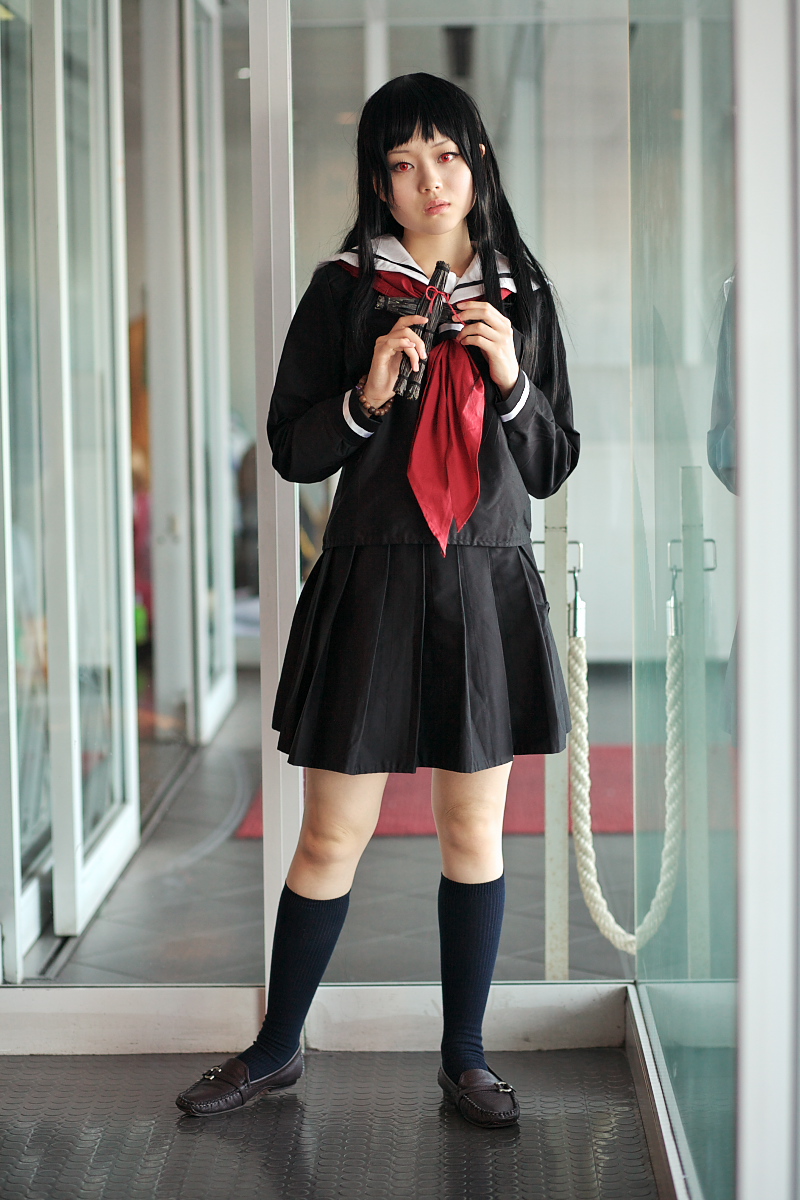 enma ai, kanata (model), jigoku shoujo, highres, photo (medium), cosplay, kneehighs, sailor, school uniform, serafuku, socks, waraningyo