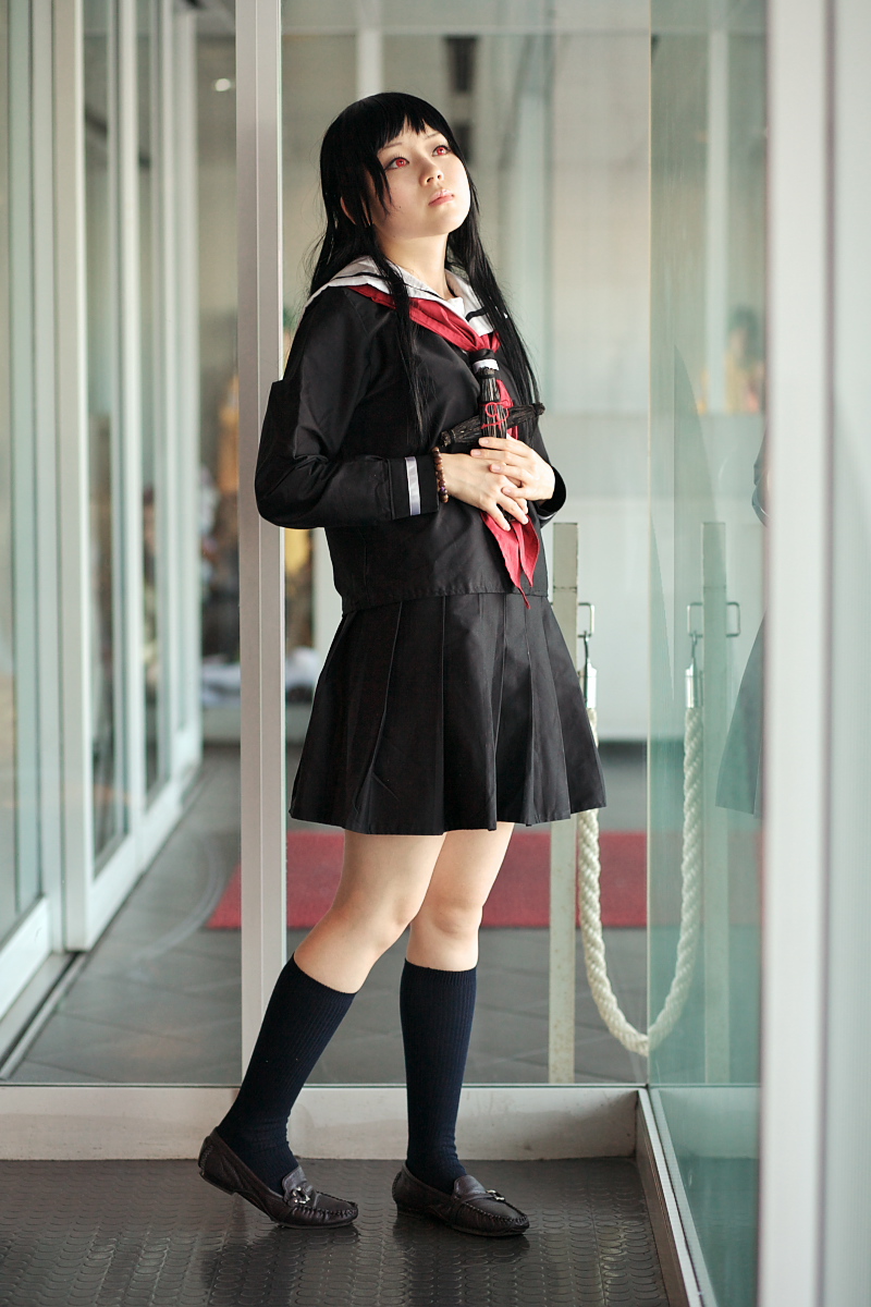 enma ai, kanata (model), jigoku shoujo, highres, photo (medium), cosplay, kneehighs, sailor, school uniform, serafuku, socks, waraningyo